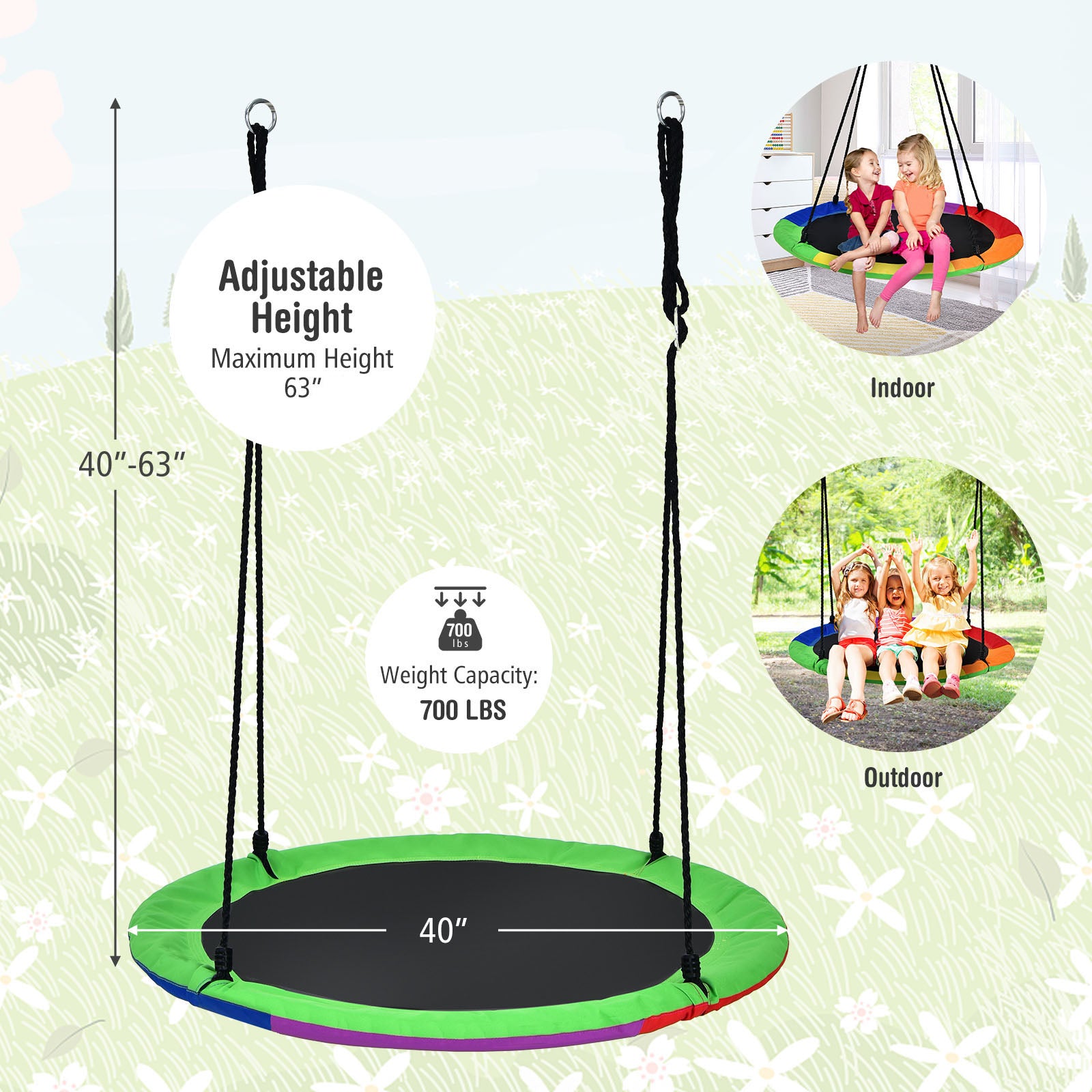 40 Inch Flying Saucer Tree Swing with 2 Hanging Straps for Kids-Green