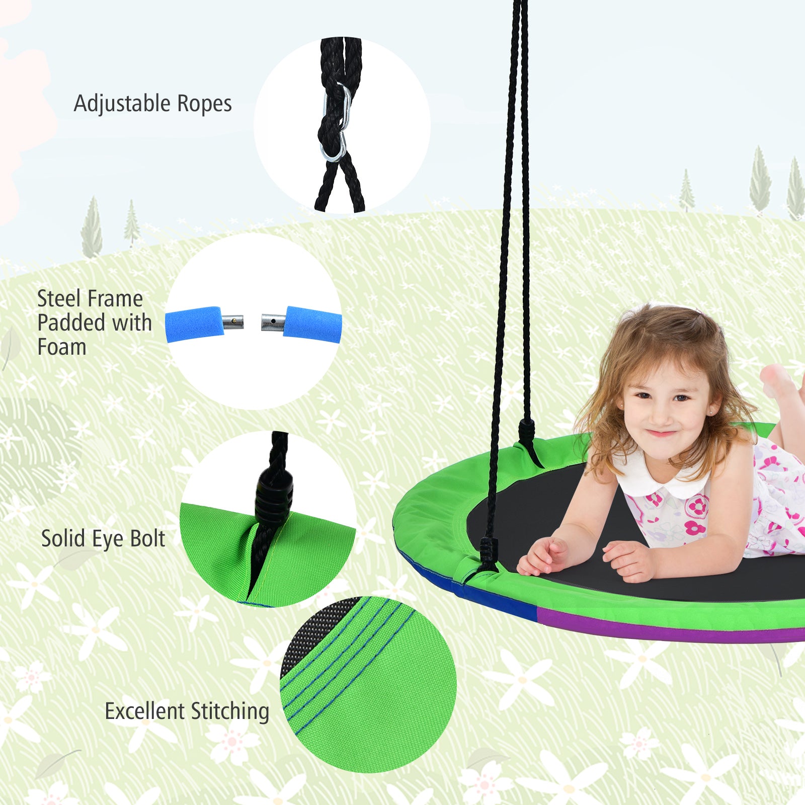 40 Inch Flying Saucer Tree Swing with 2 Hanging Straps for Kids-Green