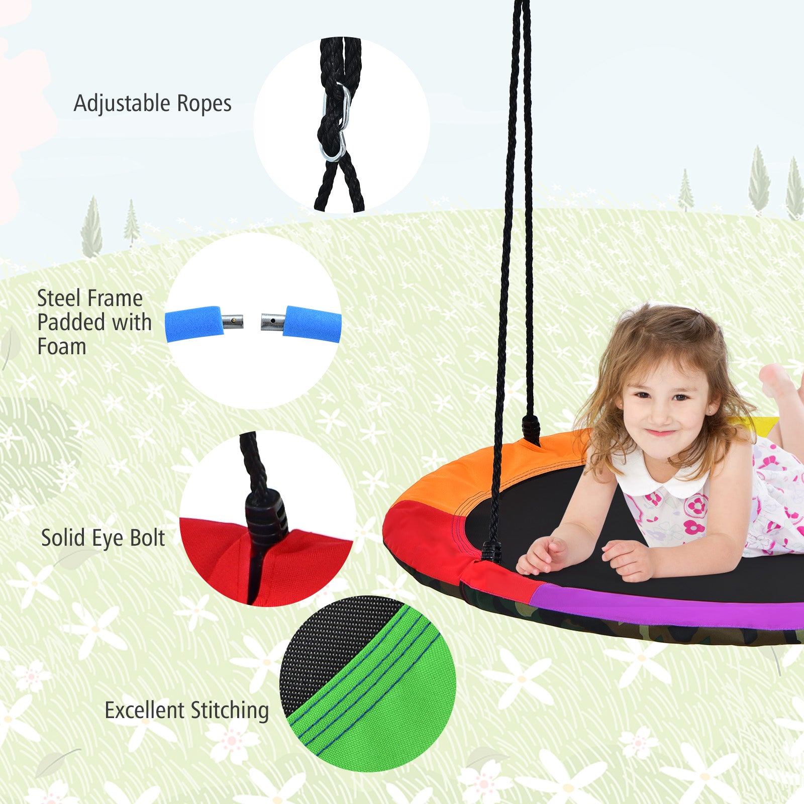 40 Inch Flying Saucer Tree Swing with 2 Hanging Straps for Kids-Army Green