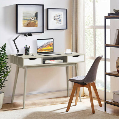 Stylish Computer Desk Workstation with 2 Drawers and Solid Wood Legs-OakÂ 