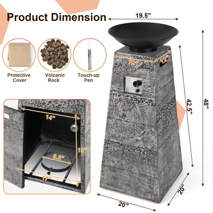 48 Inch Propane Fire Bowl Column with Lava Rocks and PVC Cover