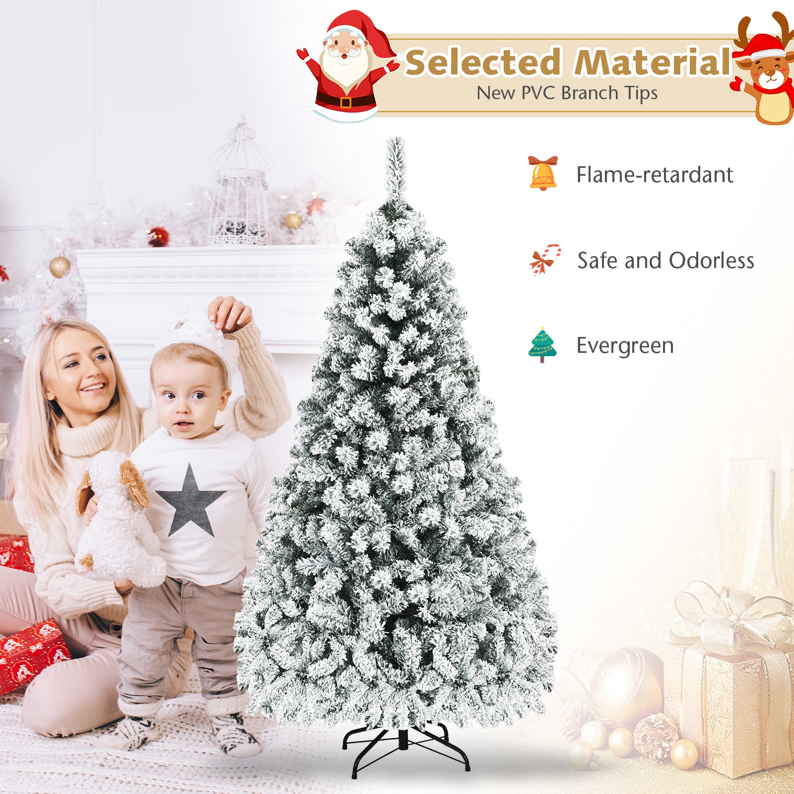 Pre-Lit Premium Snow Flocked Hinged Artificial Christmas Tree-7.5 ft