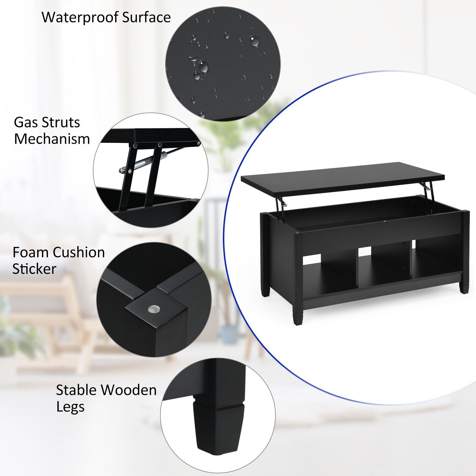 Lift Top Coffee Table with Storage Lower Shelf-Black