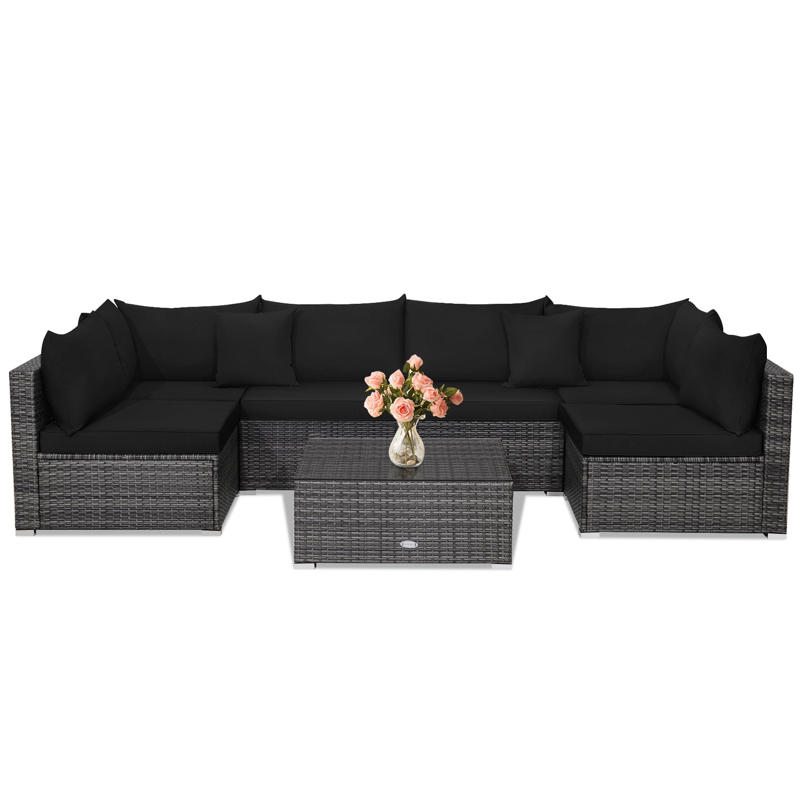 7 Pieces Patio Rattan Furniture Set Sectional Sofa Garden Cushion-Black