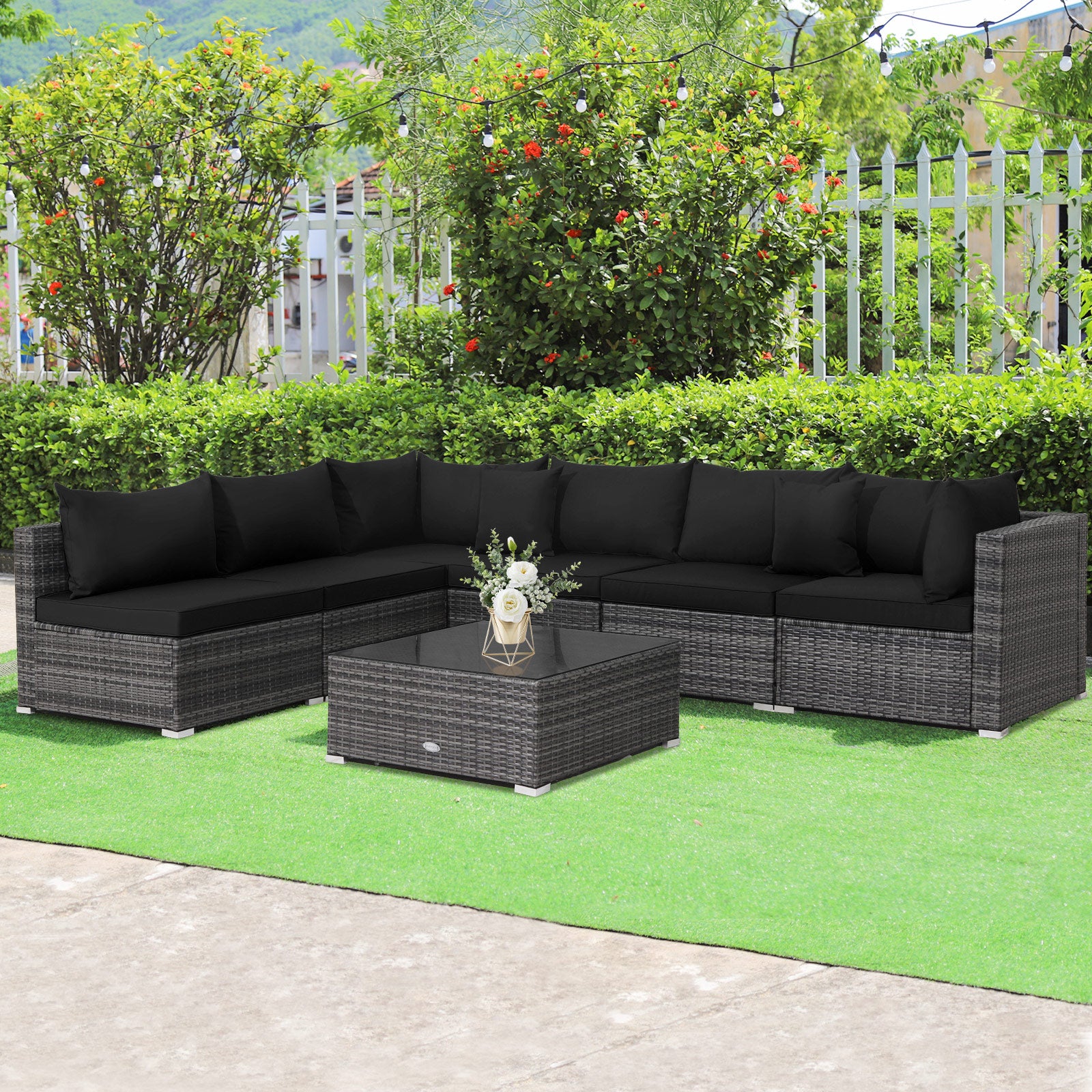 7 Pieces Patio Rattan Furniture Set Sectional Sofa Garden Cushion-BlackÂ 