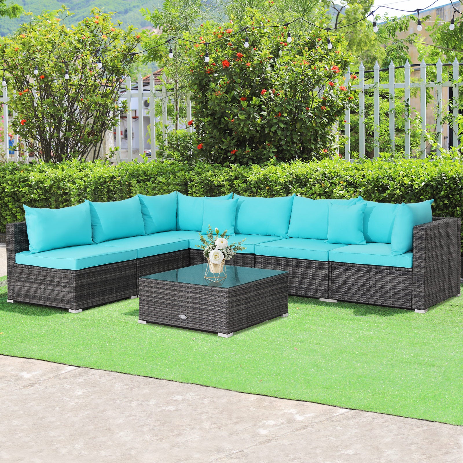 7 Pieces Patio Rattan Furniture Set with Sectional Sofa Cushioned-Turquoise 