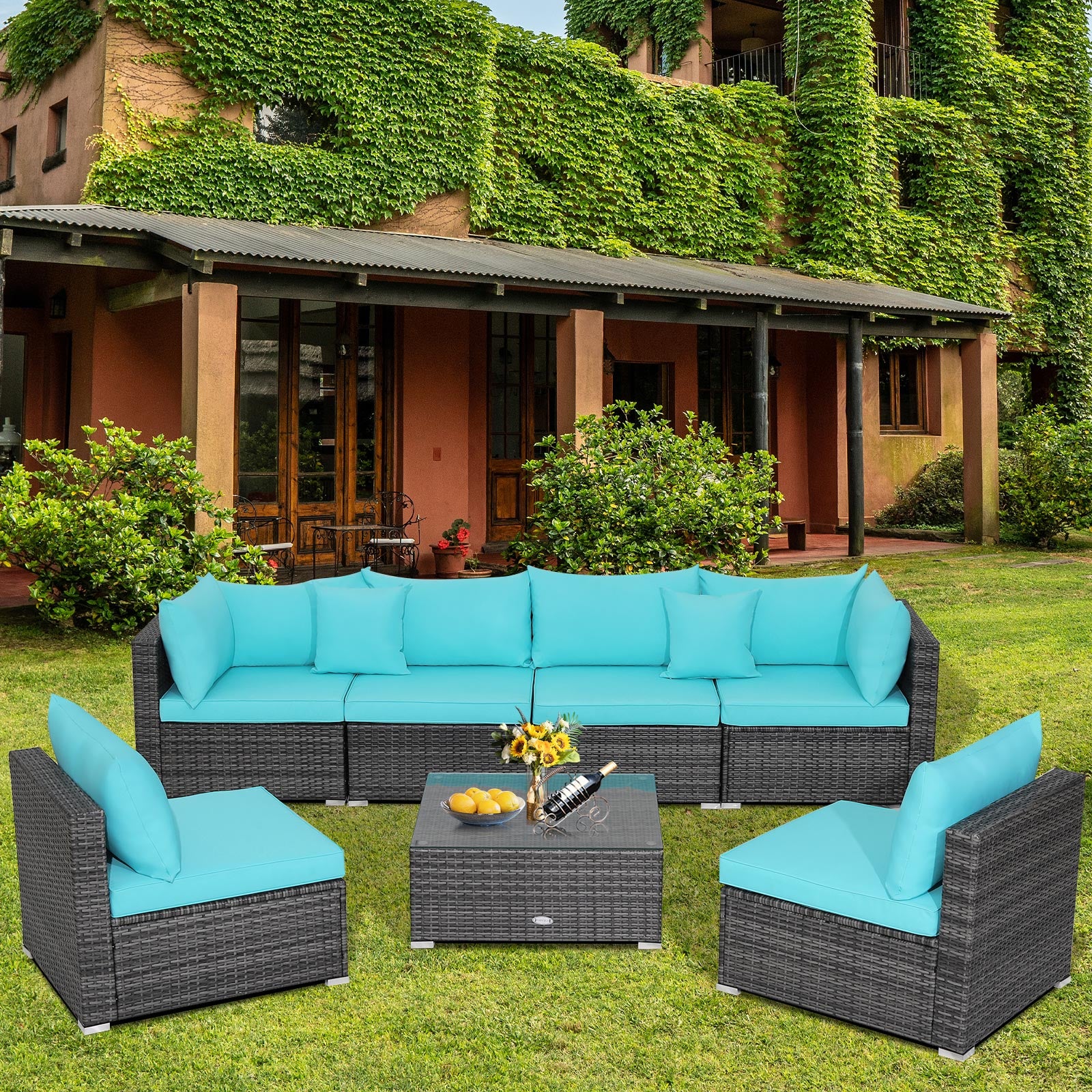 7 Pieces Patio Rattan Furniture Set with Sectional Sofa Cushioned-Turquoise