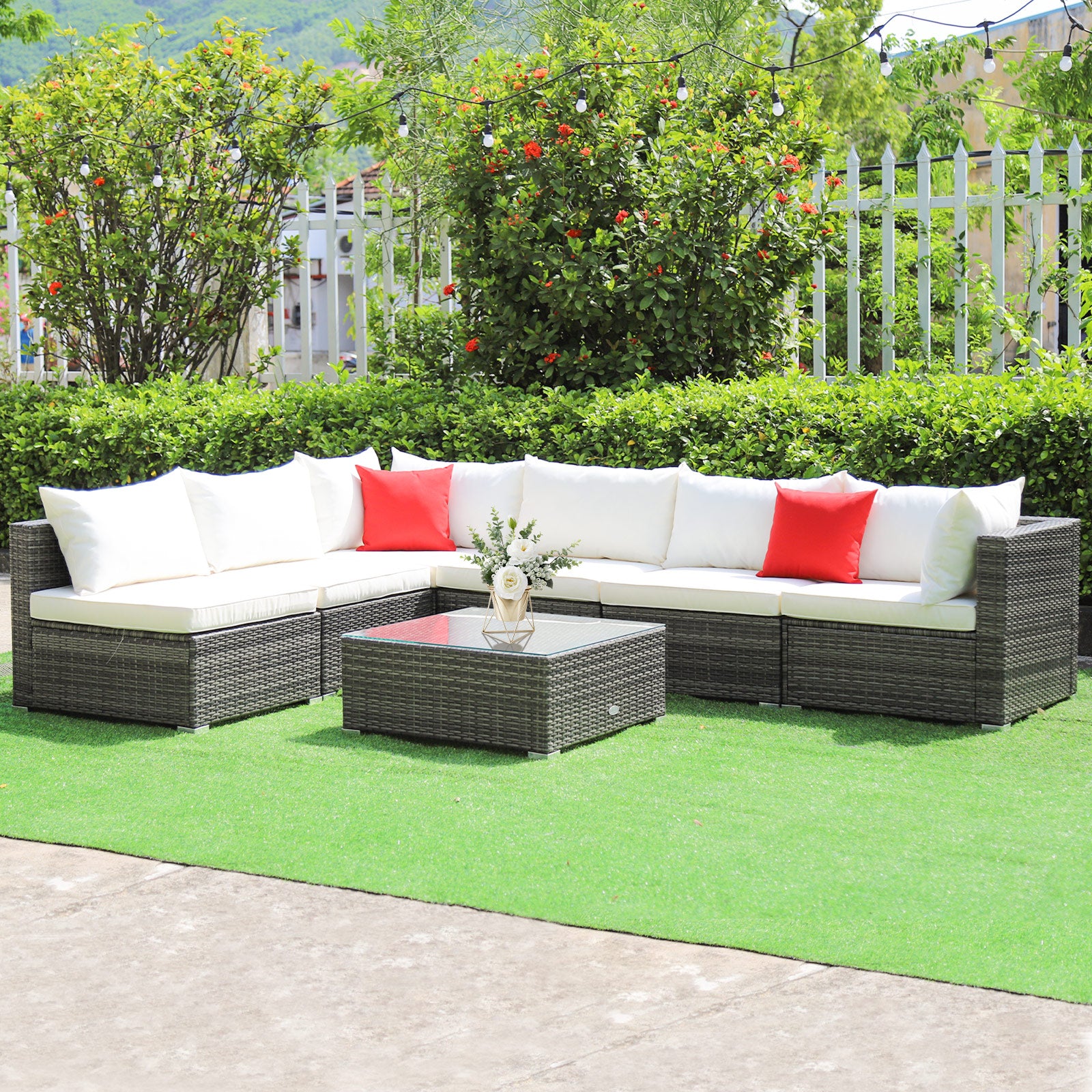 7 Pieces Patio Rattan Furniture Set Sectional Sofa Garden Cushion-White