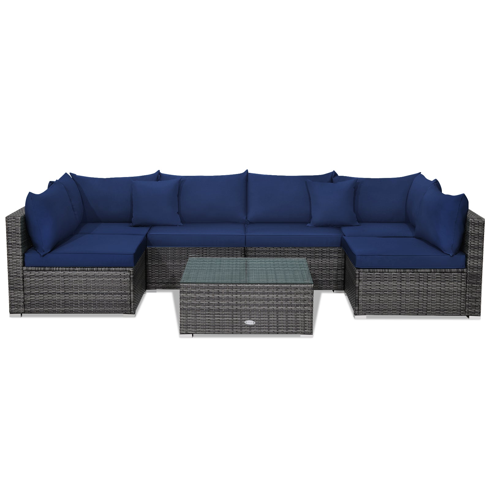 7 Pieces Patio Rattan Furniture Set Sectional Sofa Garden Cushion-NavyÂ 