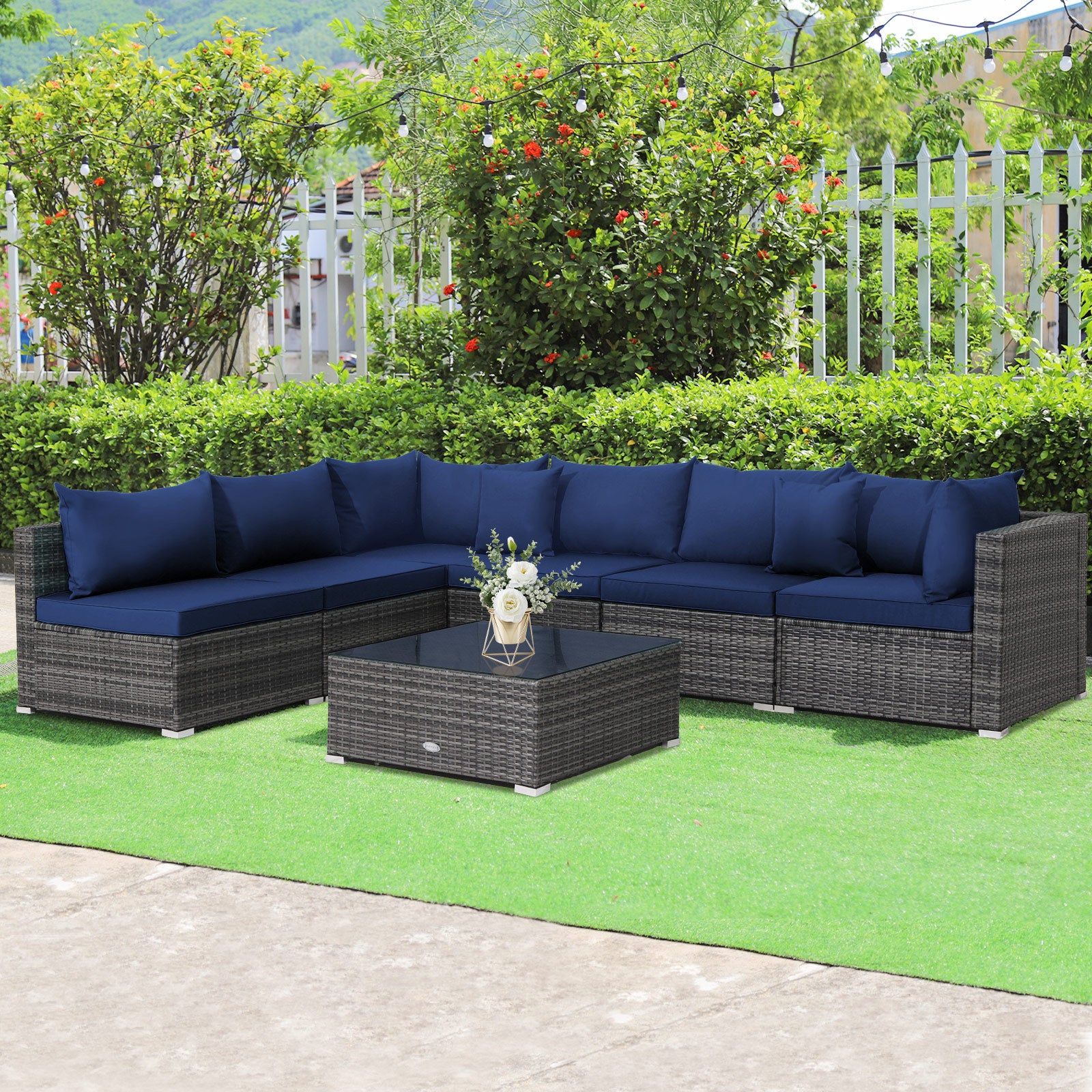 7 Pieces Patio Rattan Furniture Set Sectional Sofa Garden Cushion-Navy