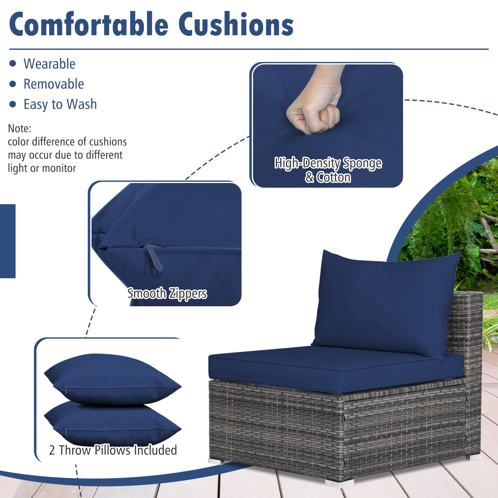 7 Pieces Patio Rattan Furniture Set Sectional Sofa Garden Cushion-Navy