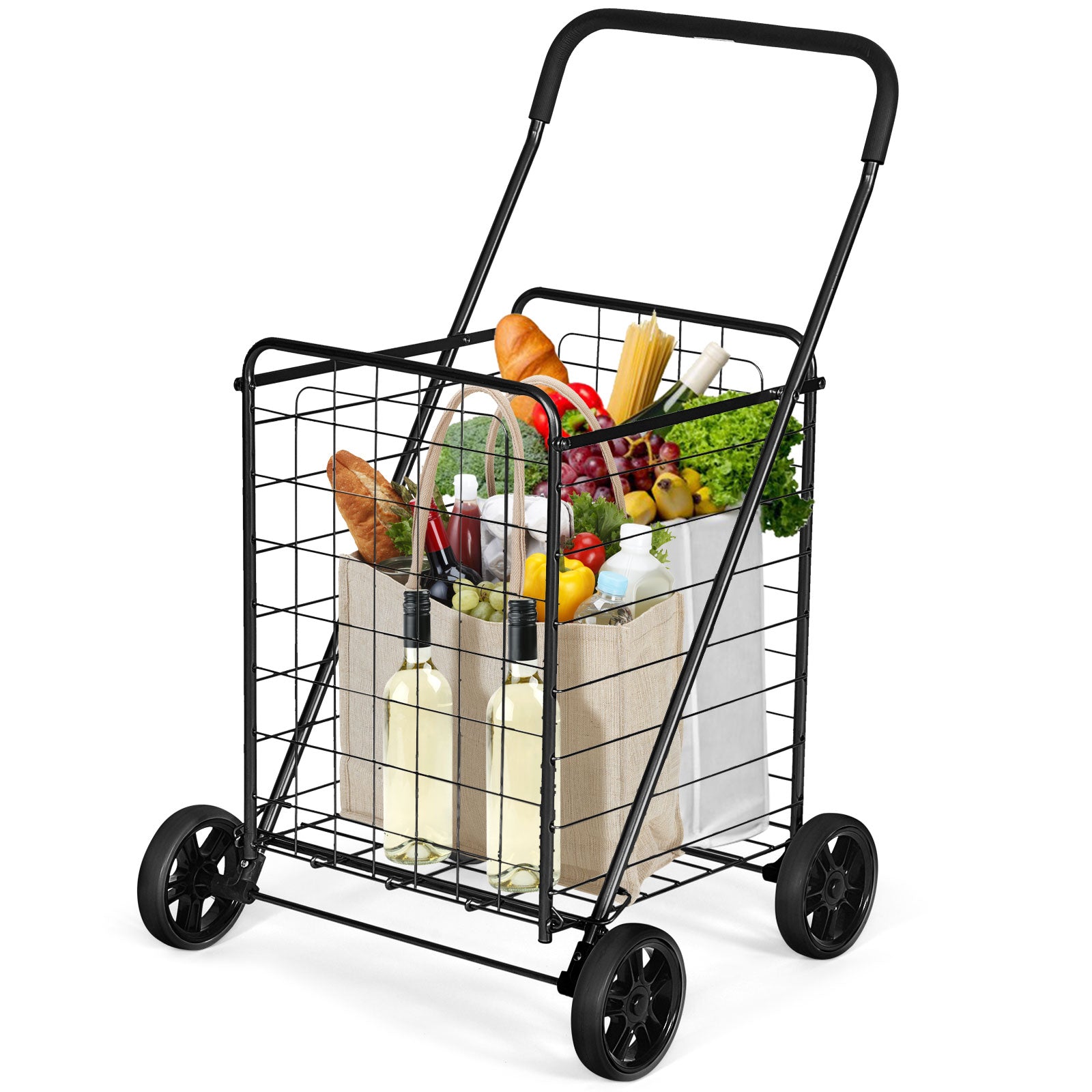 Portable Folding Shopping Cart Utility for Grocery Laundry-Black