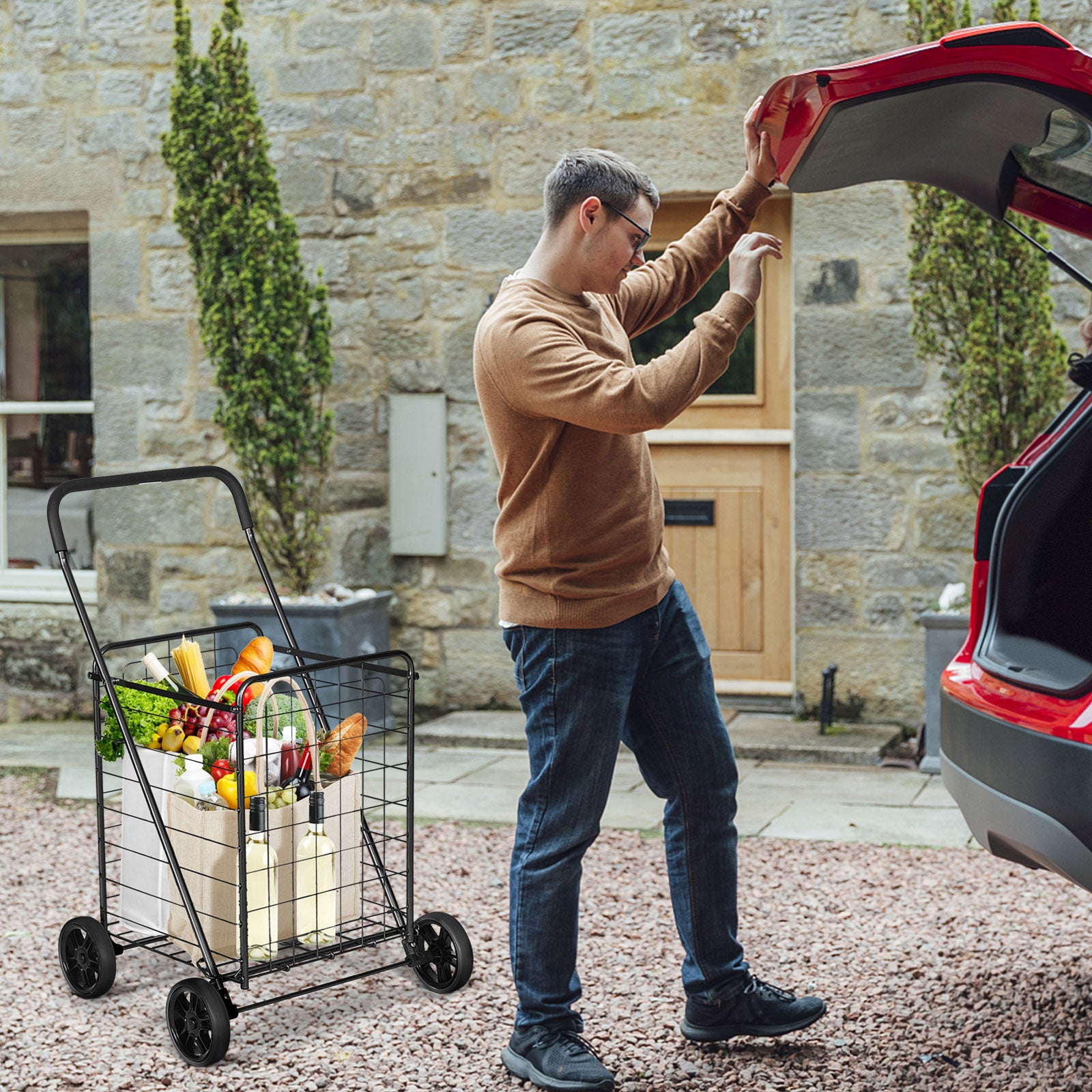 Portable Folding Shopping Cart Utility for Grocery Laundry-Black