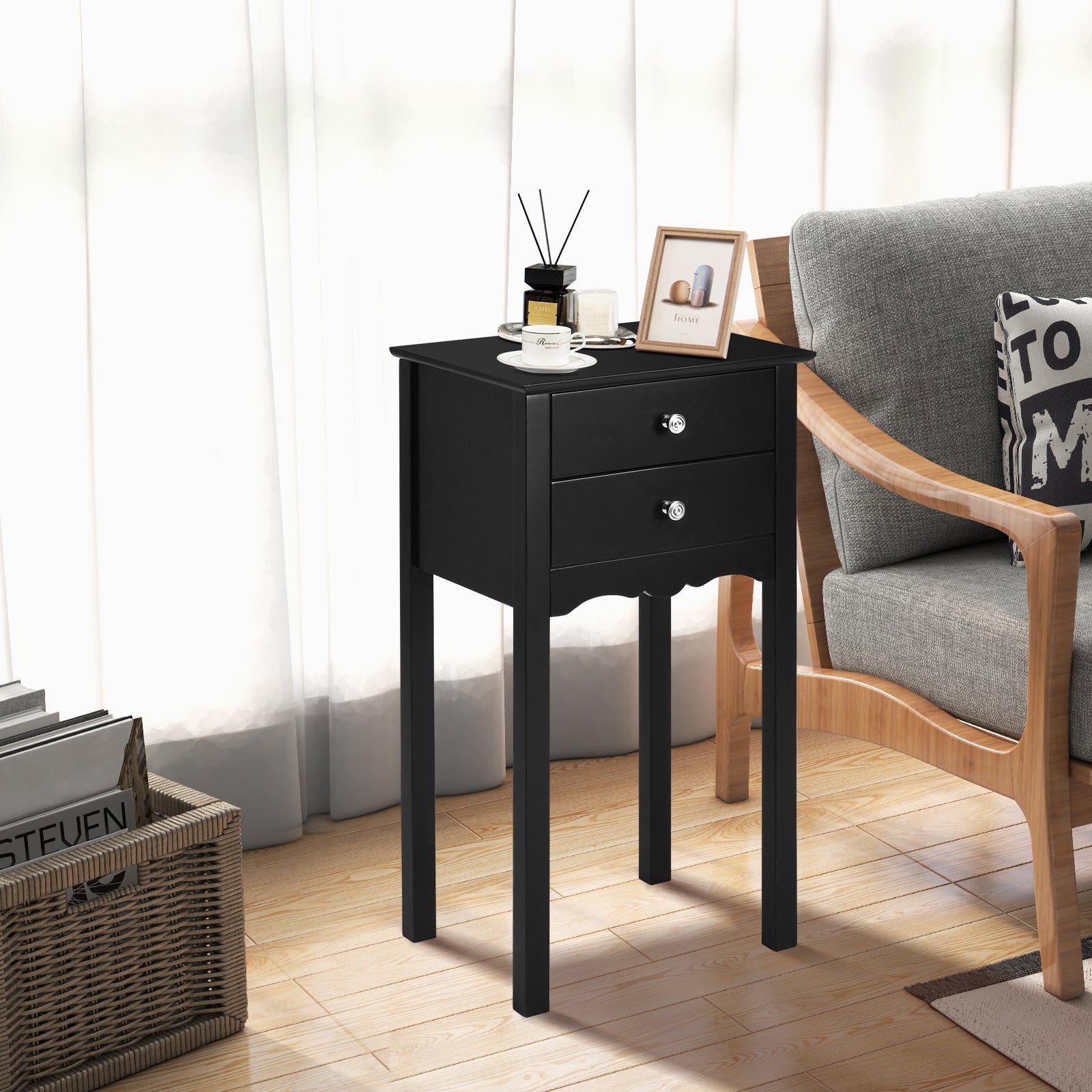 Vintage Side End Table with 2 Storage Drawers-Black