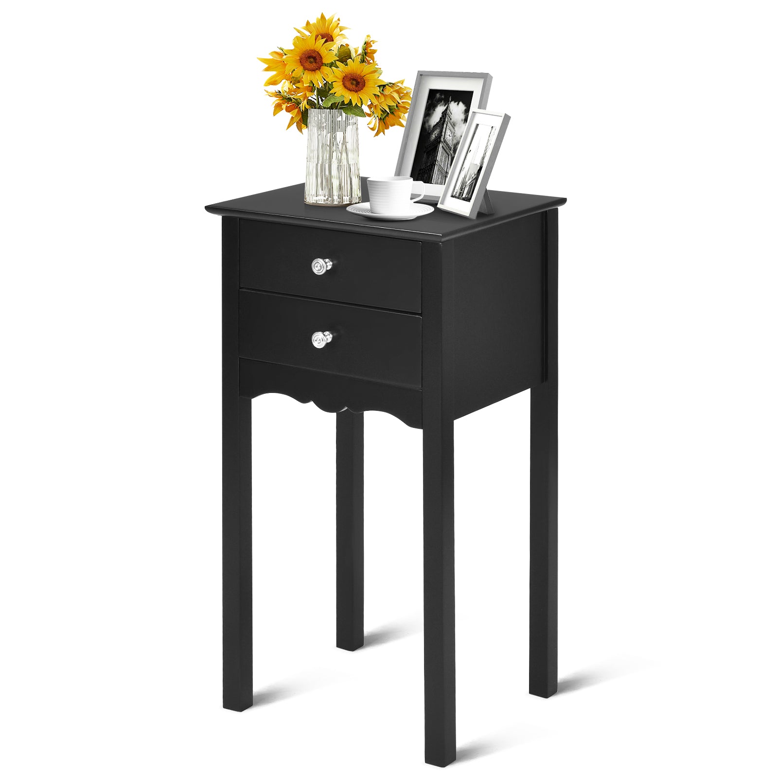 Vintage Side End Table with 2 Storage Drawers-Black