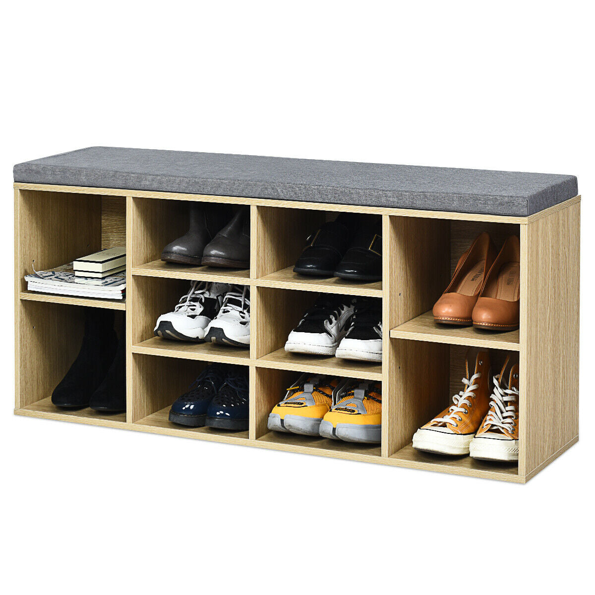 10-Cube Organizer  Entryway Padded Shoe Storage Bench-Beige