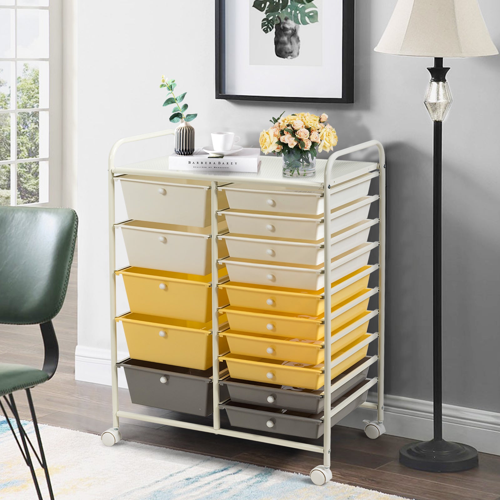 15-Drawer Storage Rolling Organizer Cart-Yellow