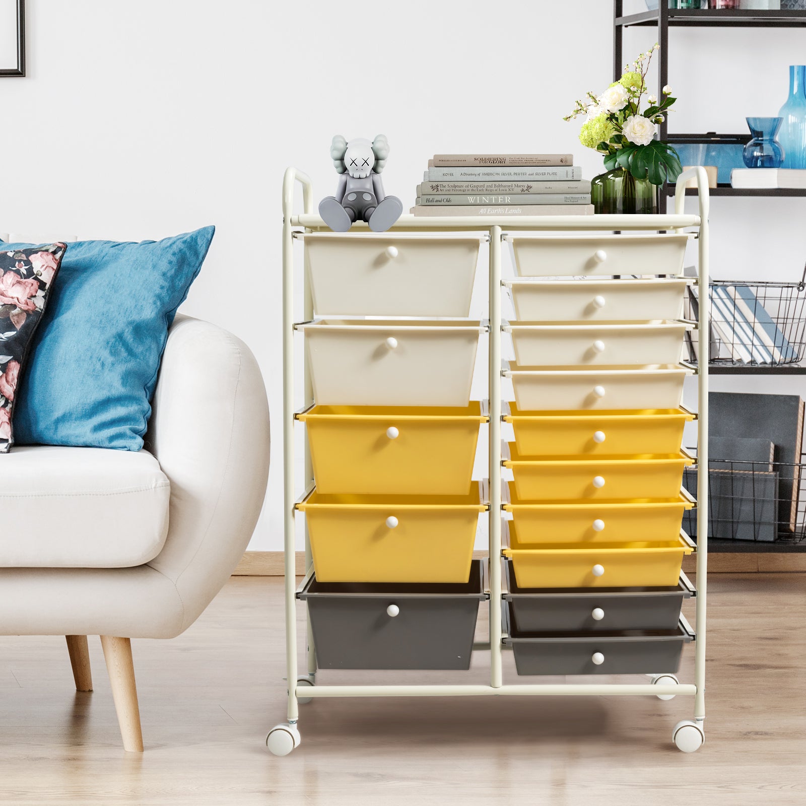 15-Drawer Storage Rolling Organizer Cart-Yellow 