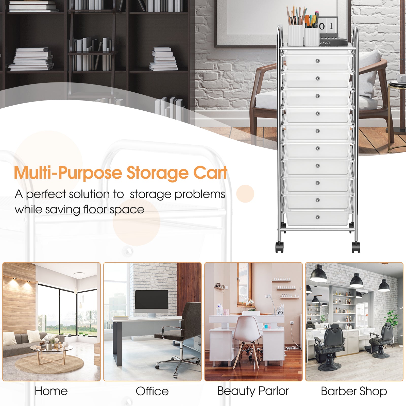 10 Drawer Rolling Storage Cart Organizer with 4 Universal Casters-Transparent