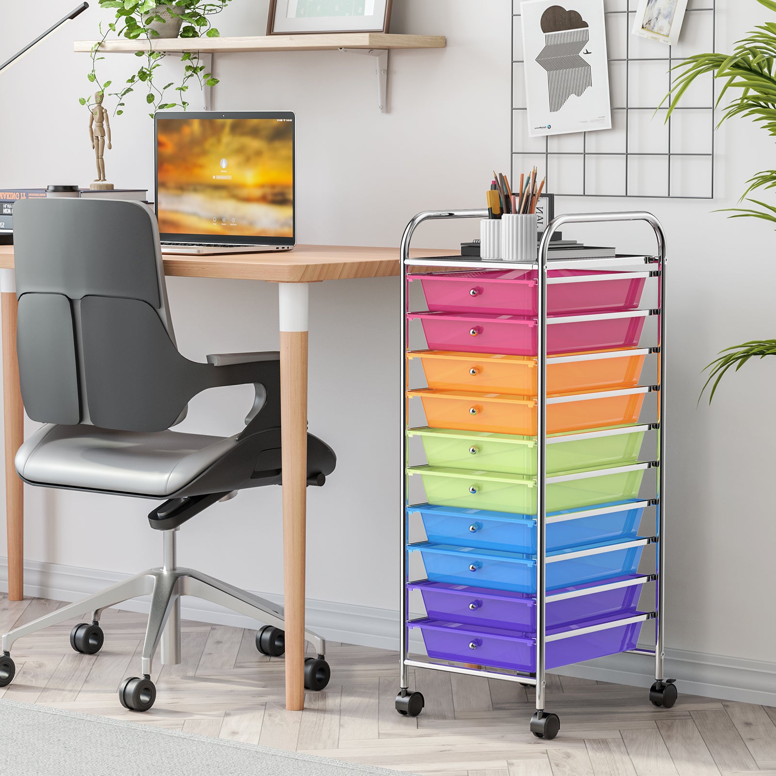 10 Drawer Rolling Storage Cart Organizer with 4 Universal Casters-Transparent Multicolor