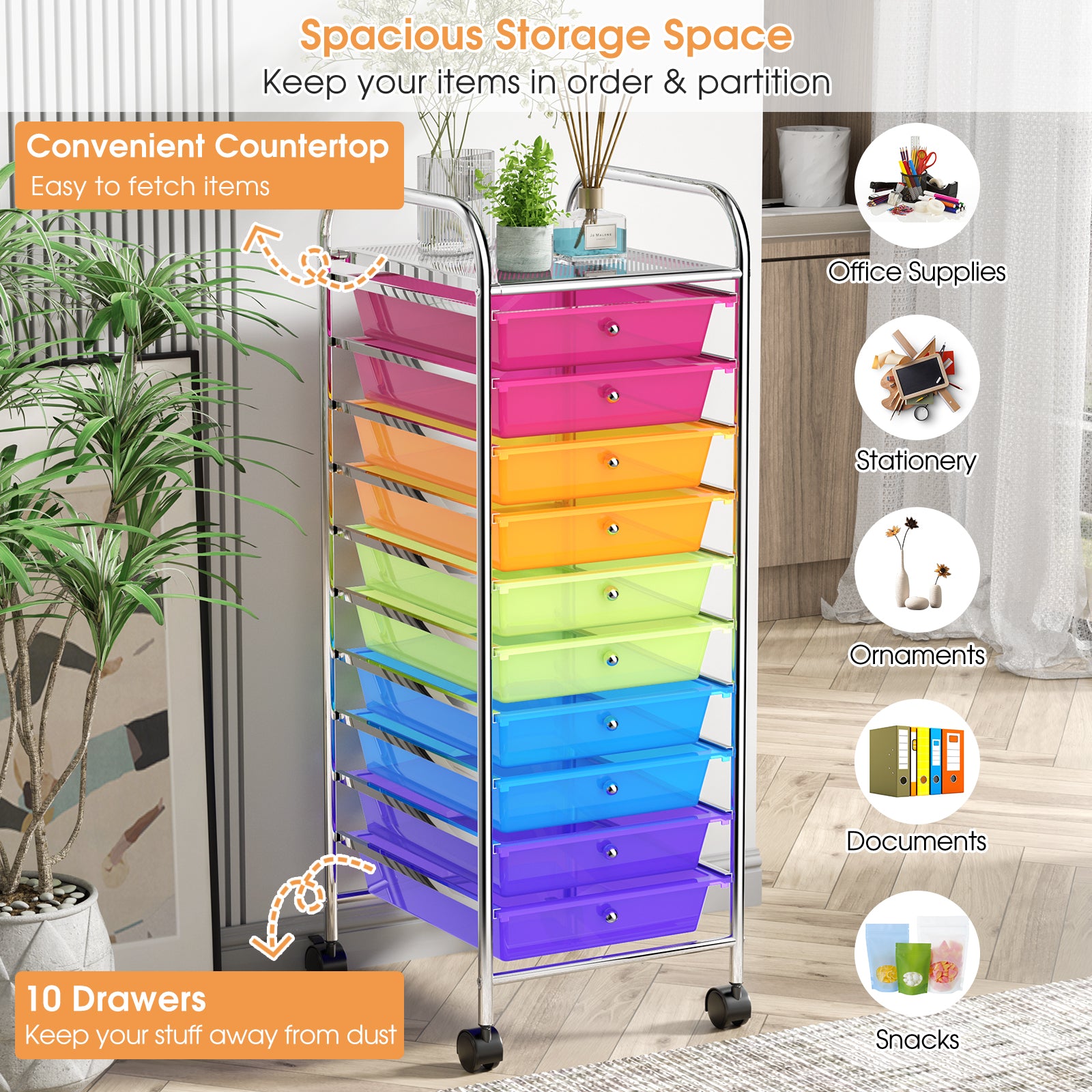 10 Drawer Rolling Storage Cart Organizer with 4 Universal Casters-Transparent Multicolor