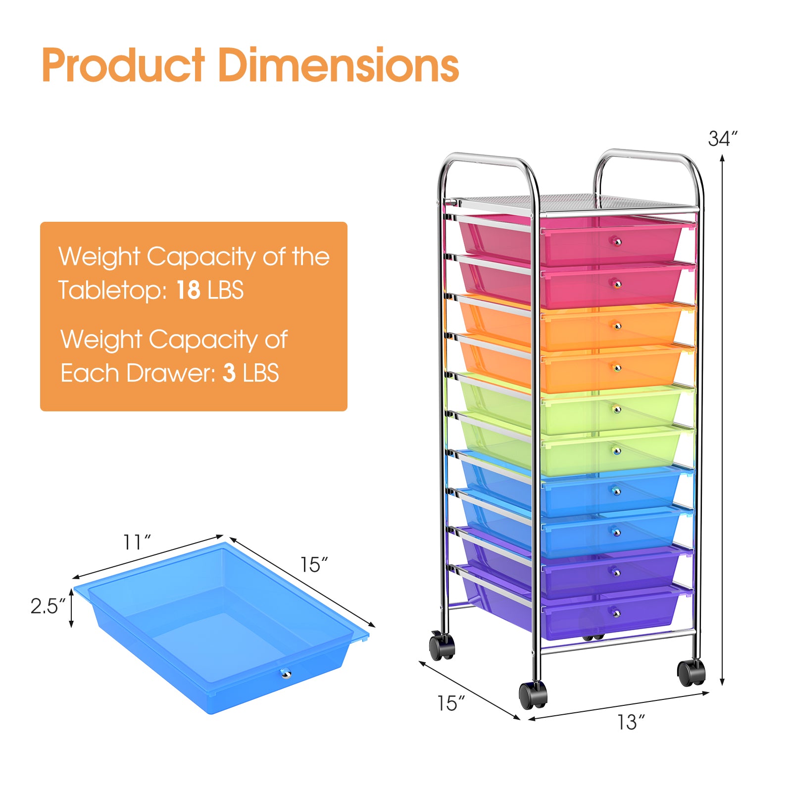 10 Drawer Rolling Storage Cart Organizer with 4 Universal Casters-Transparent Multicolor