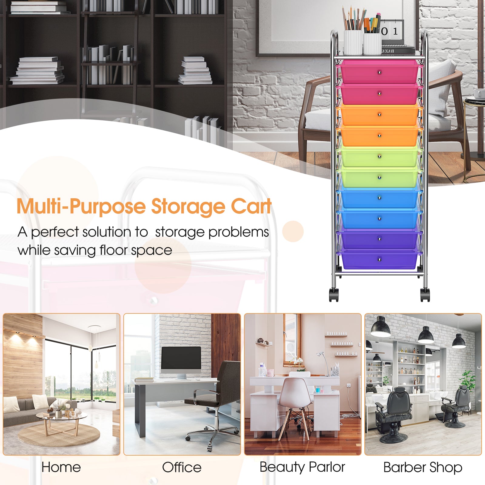 10 Drawer Rolling Storage Cart Organizer with 4 Universal Casters-Transparent Multicolor