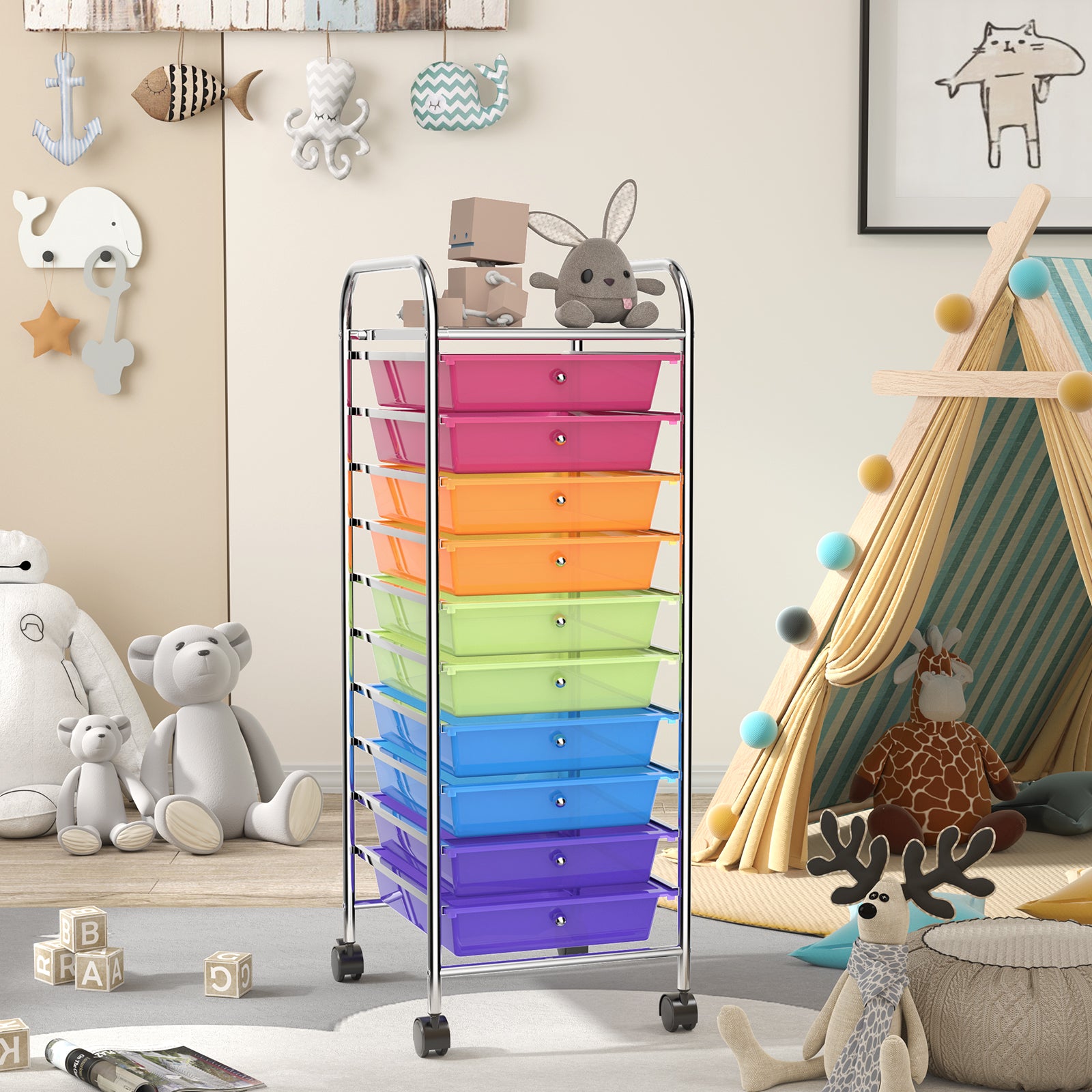 10 Drawer Rolling Storage Cart Organizer with 4 Universal Casters-Transparent Multicolor