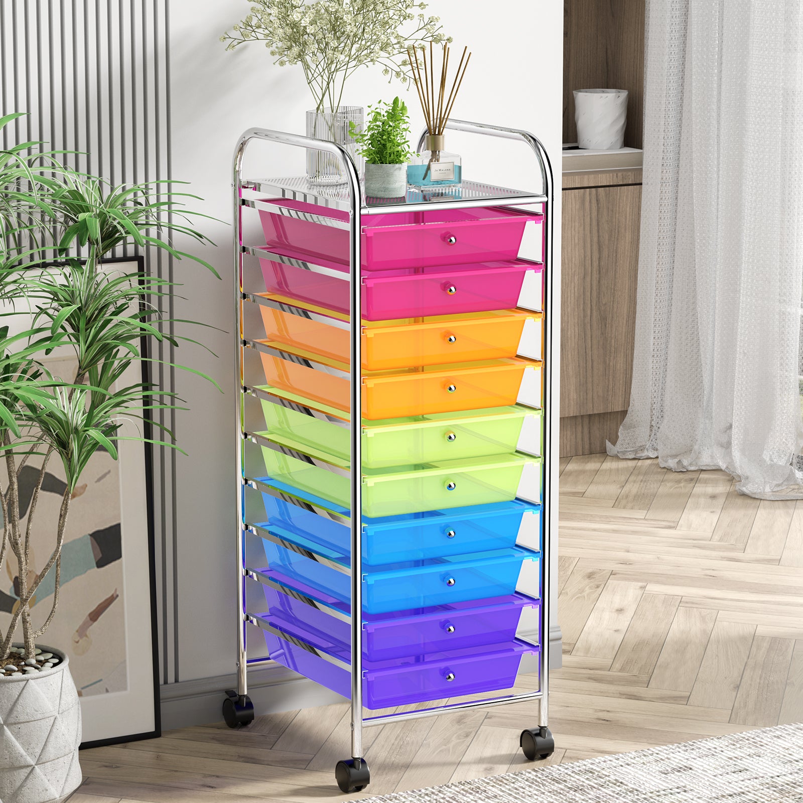 10 Drawer Rolling Storage Cart Organizer with 4 Universal Casters-Transparent Multicolor