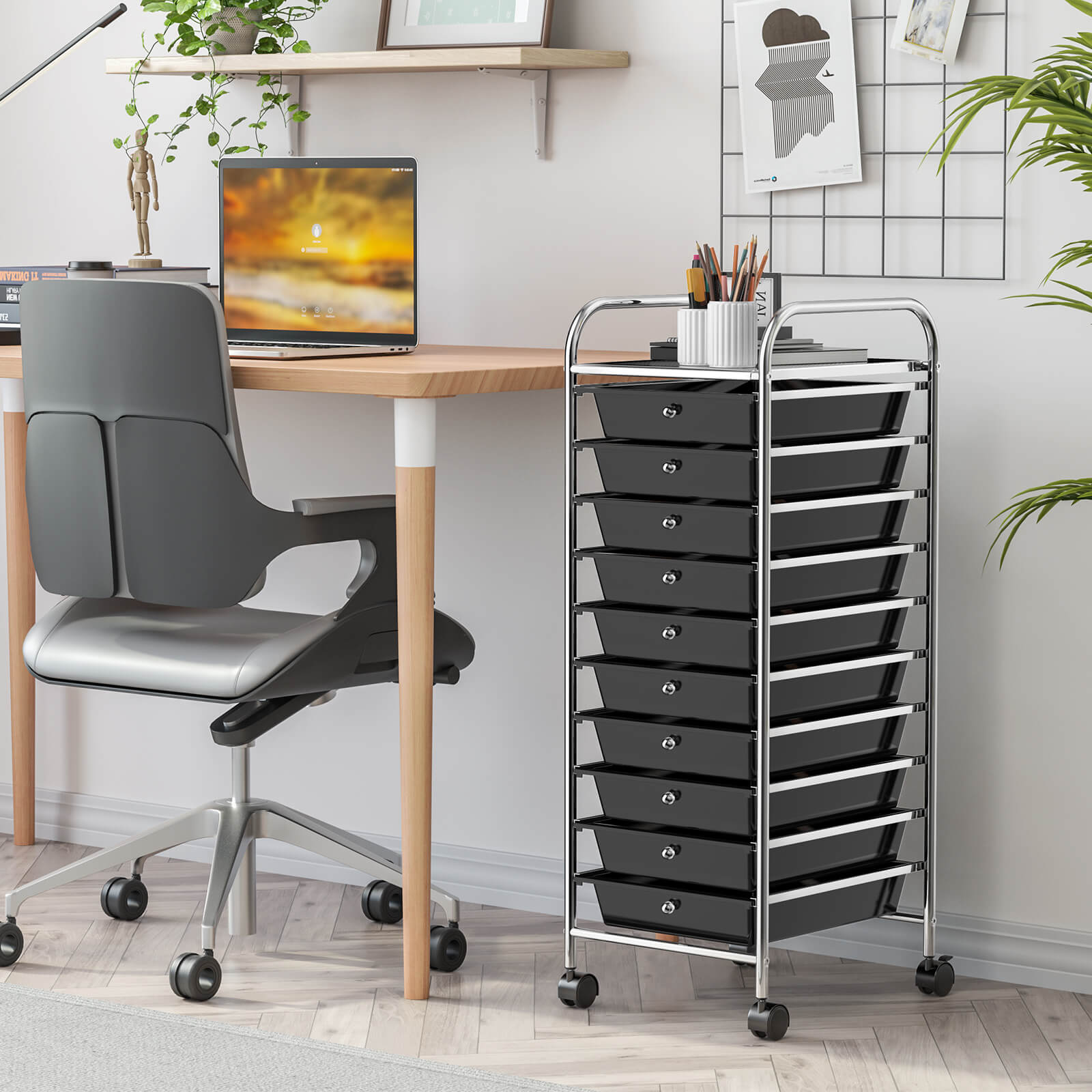 10 Drawer Rolling Storage Cart Organizer with 4 Universal Casters-Black