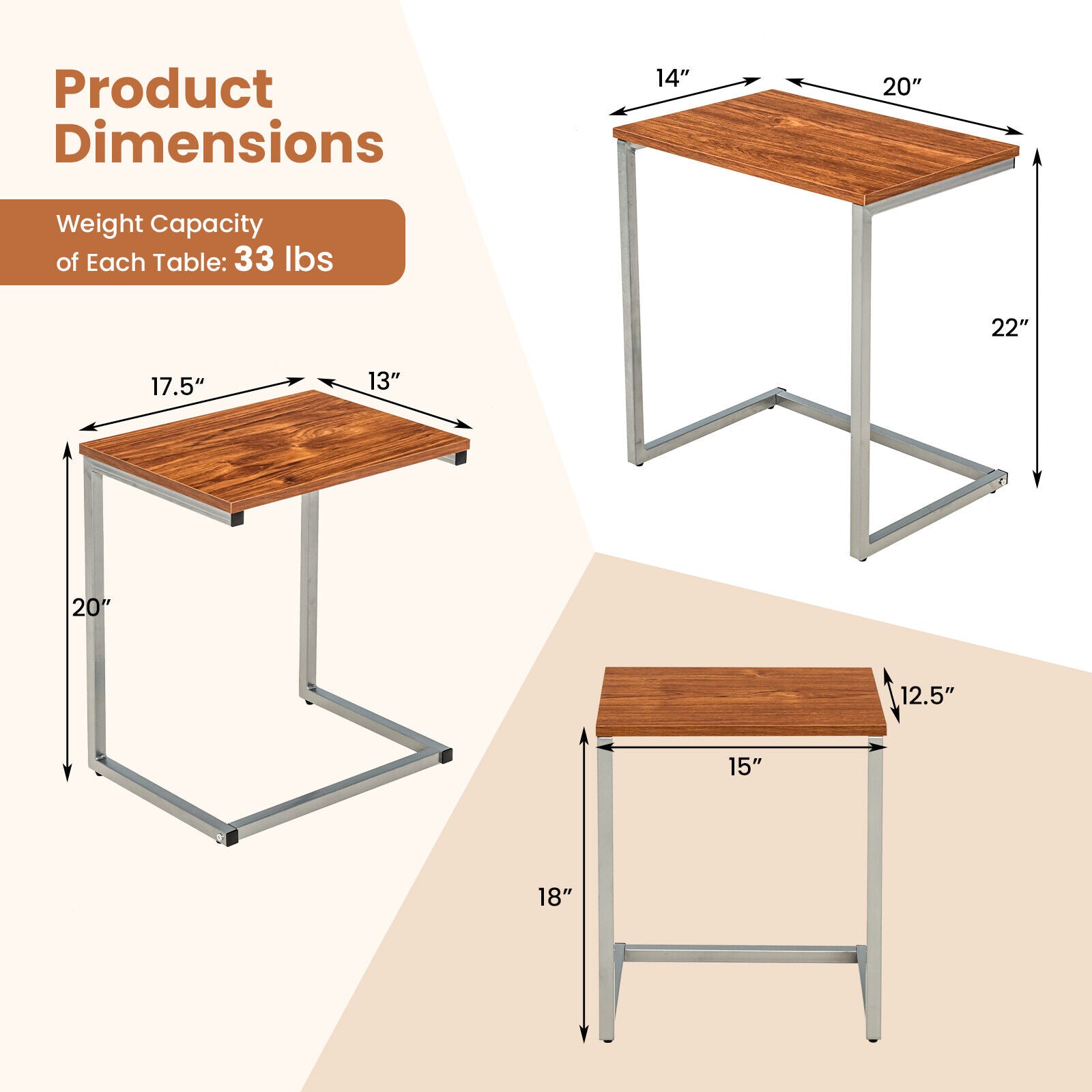 3 Pieces Multifunctional Coffee End Table Set-BrownÂ 