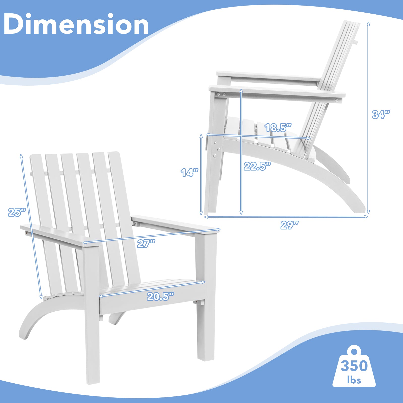 Outdoor Durable Patio Acacia Wood Adirondack Lounge Armchair-White