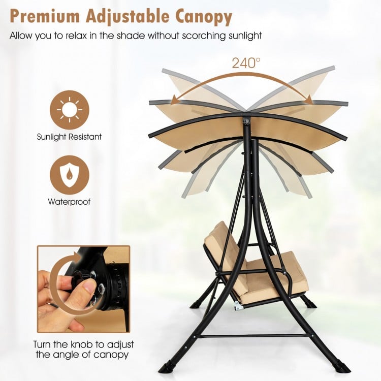 3-Seat Outdoor Porch Swing with Adjustable Canopy and Padded Cushions-Beige