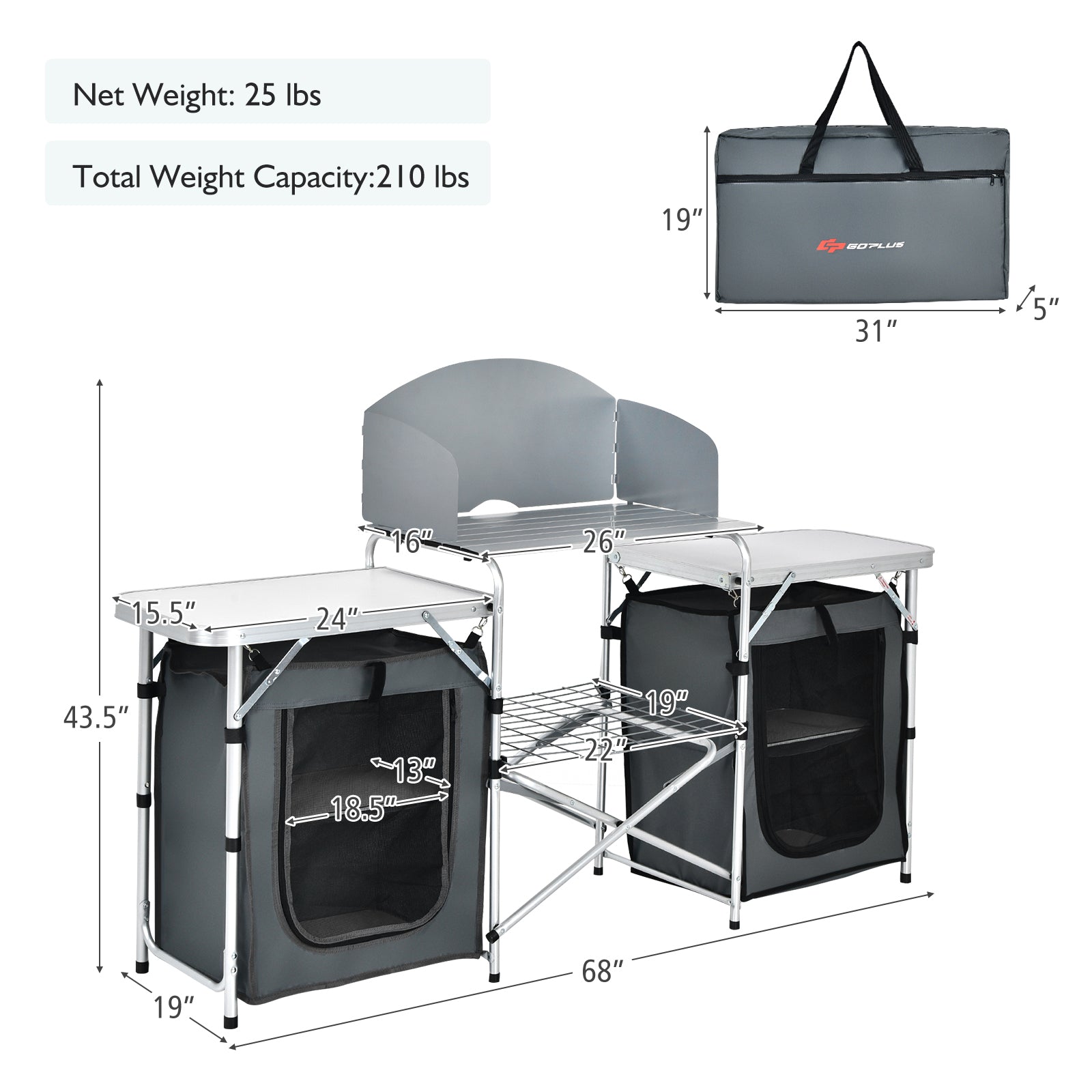 Folding Camping Table with Storage Organizer-Gray