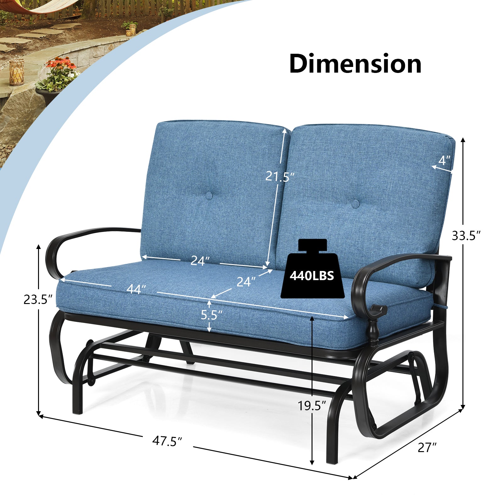 2 Seats Outdoor Swing Glider Chair with Comfortable Cushions-Blue 