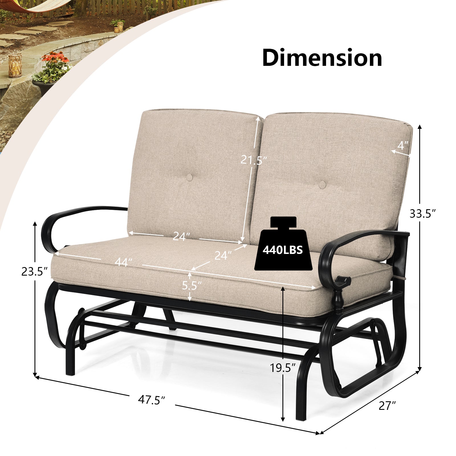 2 Seats Outdoor Swing Glider Chair with Comfortable Cushions-Beige 