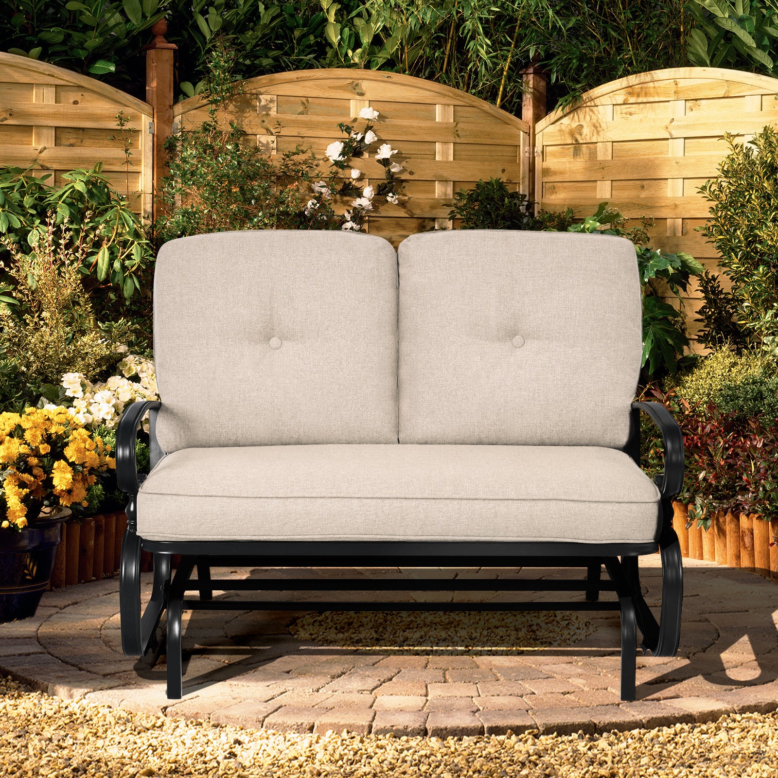 2 Seats Outdoor Swing Glider Chair with Comfortable Cushions-Beige 