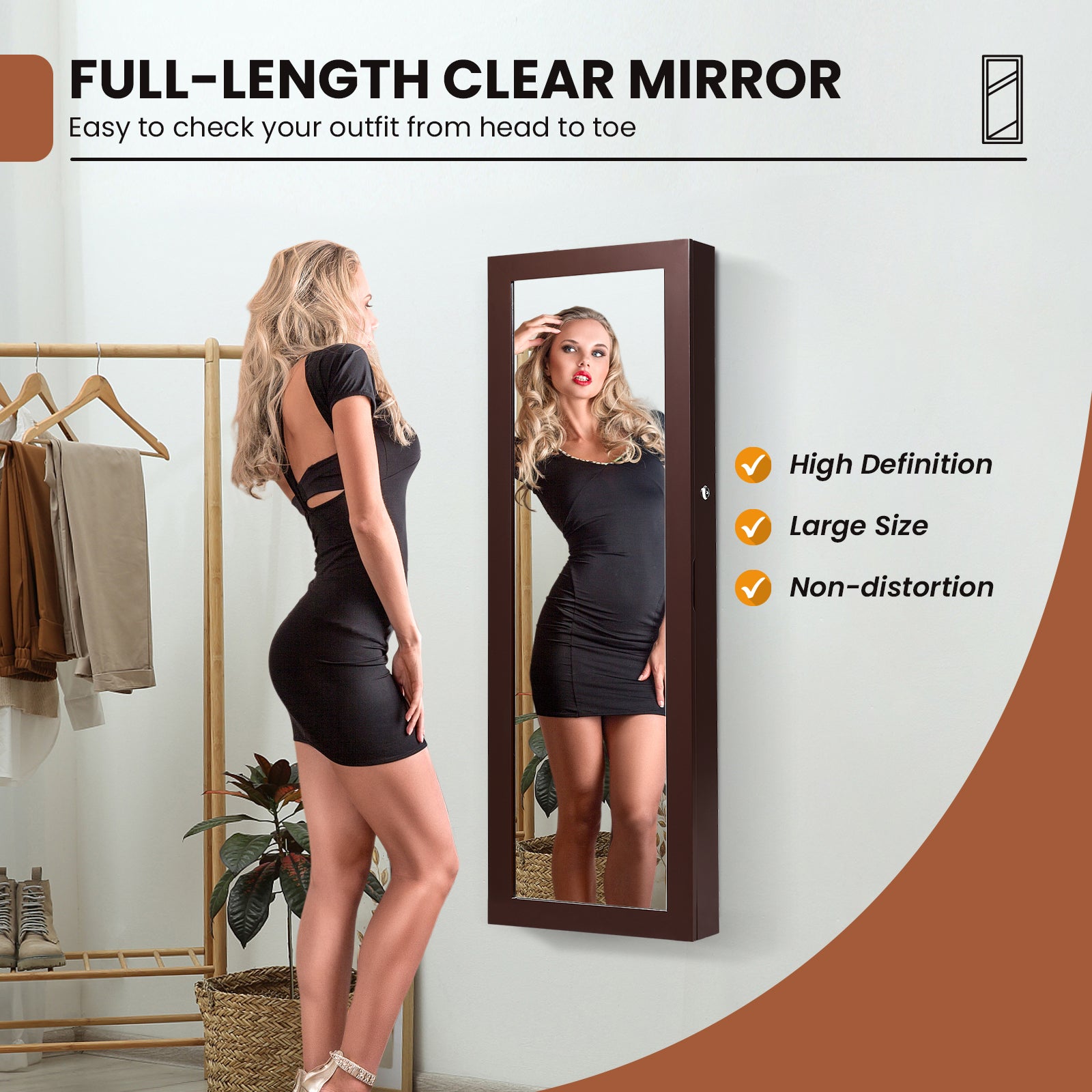 Lockable Wall Mount Mirrored Jewelry Cabinet with LED Lights-BrownÂ 