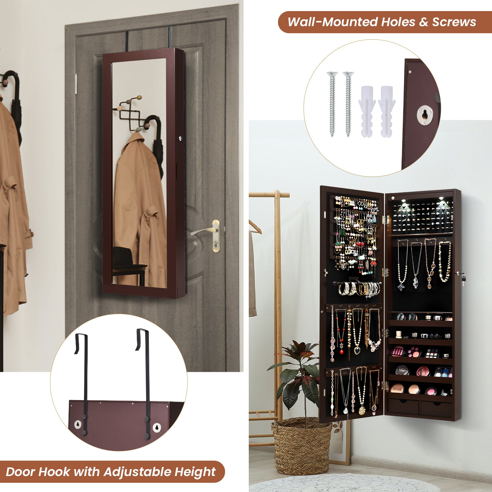 Lockable Wall Mount Mirrored Jewelry Cabinet with LED Lights-BrownÂ 