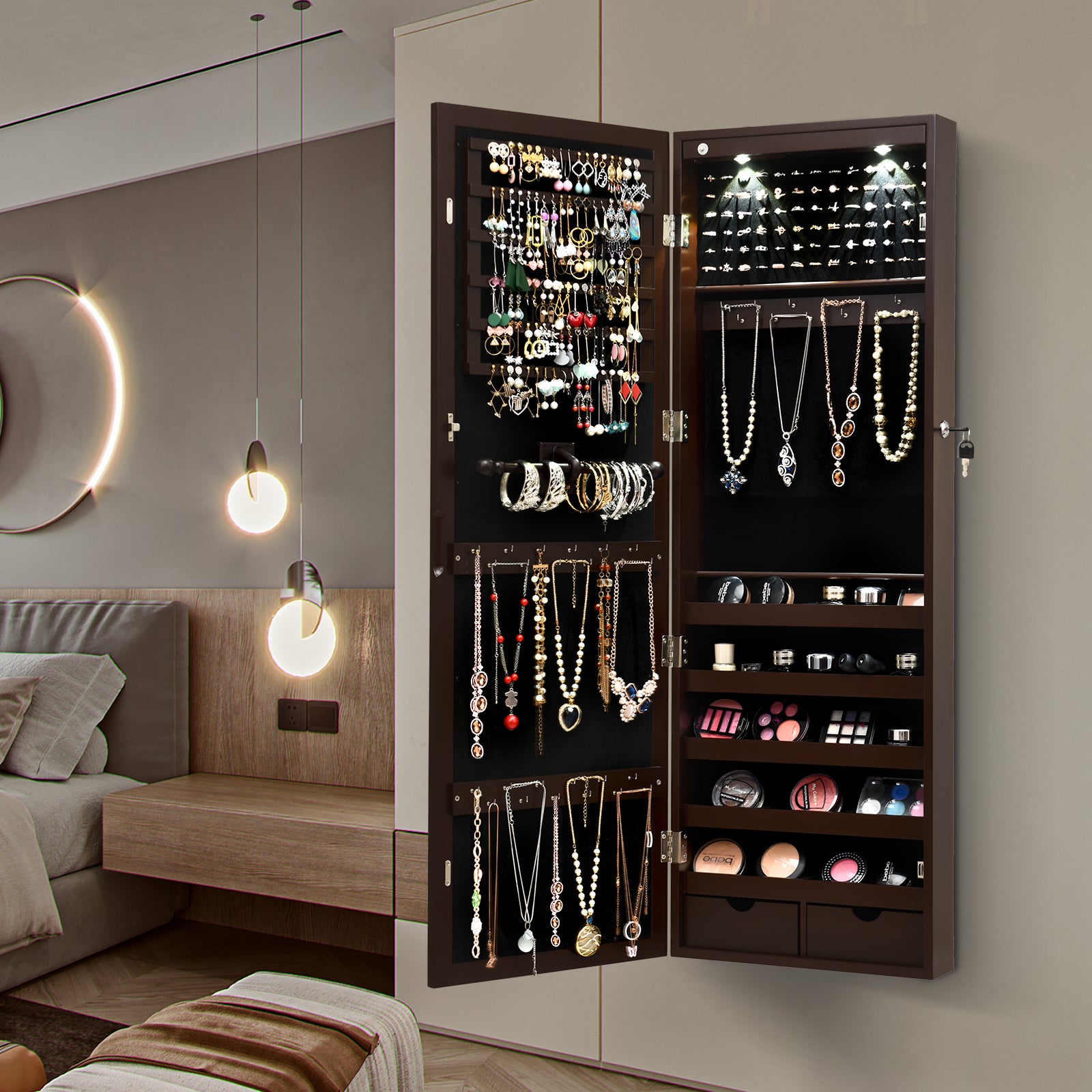 Lockable Wall Mount Mirrored Jewelry Cabinet with LED Lights-BrownÂ 