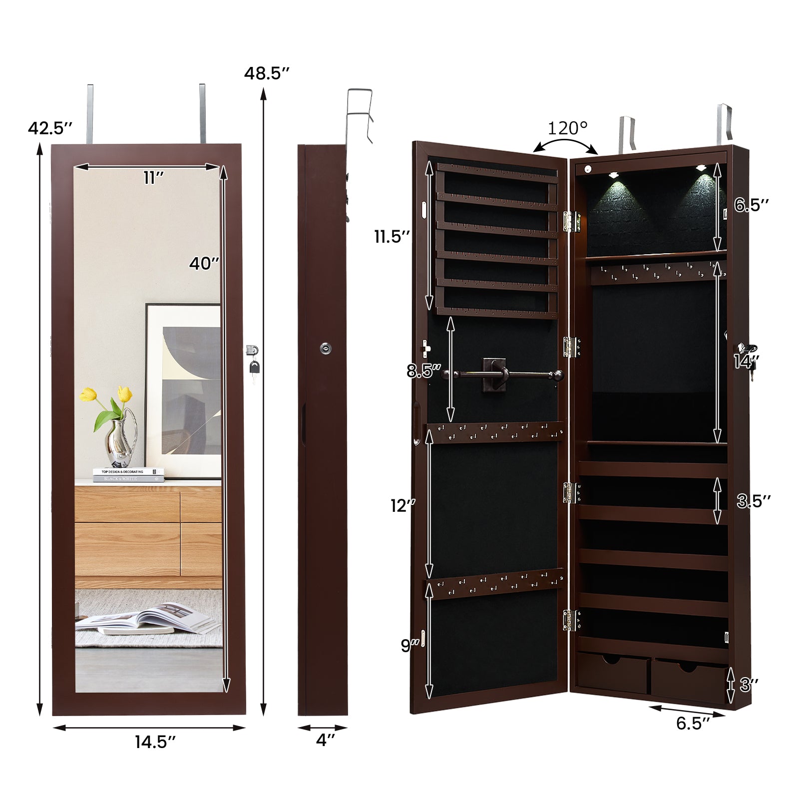 Lockable Wall Mount Mirrored Jewelry Cabinet with LED Lights-BrownÂ 