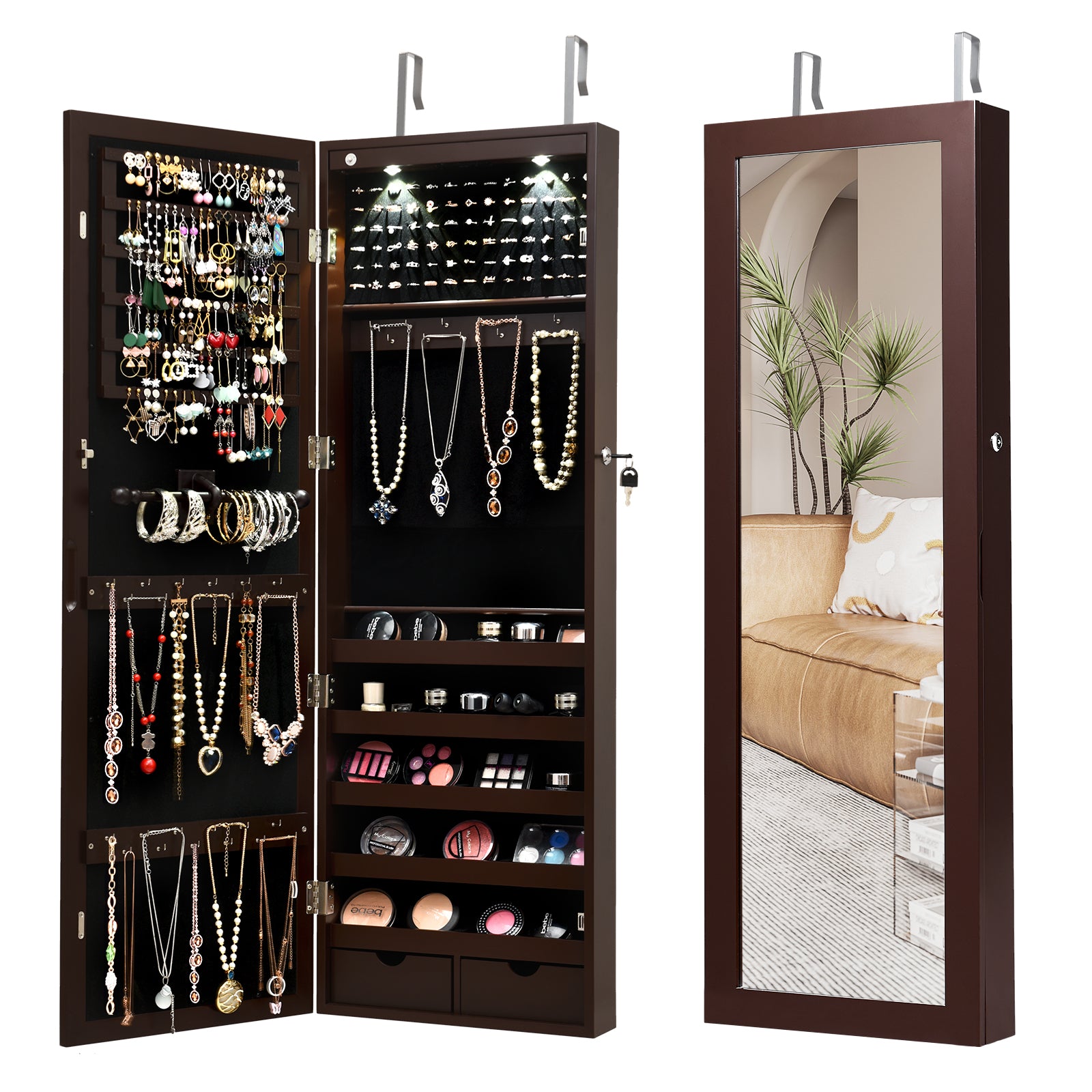 Lockable Wall Mount Mirrored Jewelry Cabinet with LED Lights-BrownÂ 