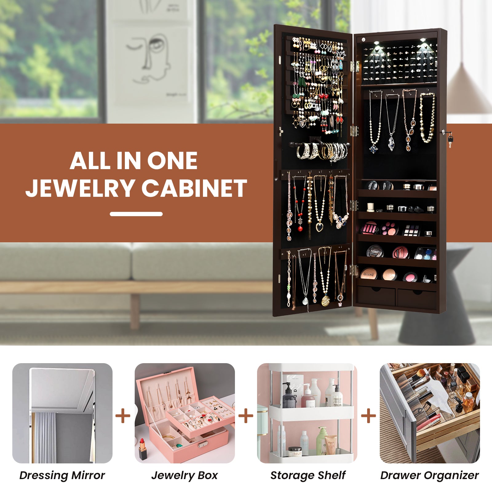 Lockable Wall Mount Mirrored Jewelry Cabinet with LED Lights-BrownÂ 