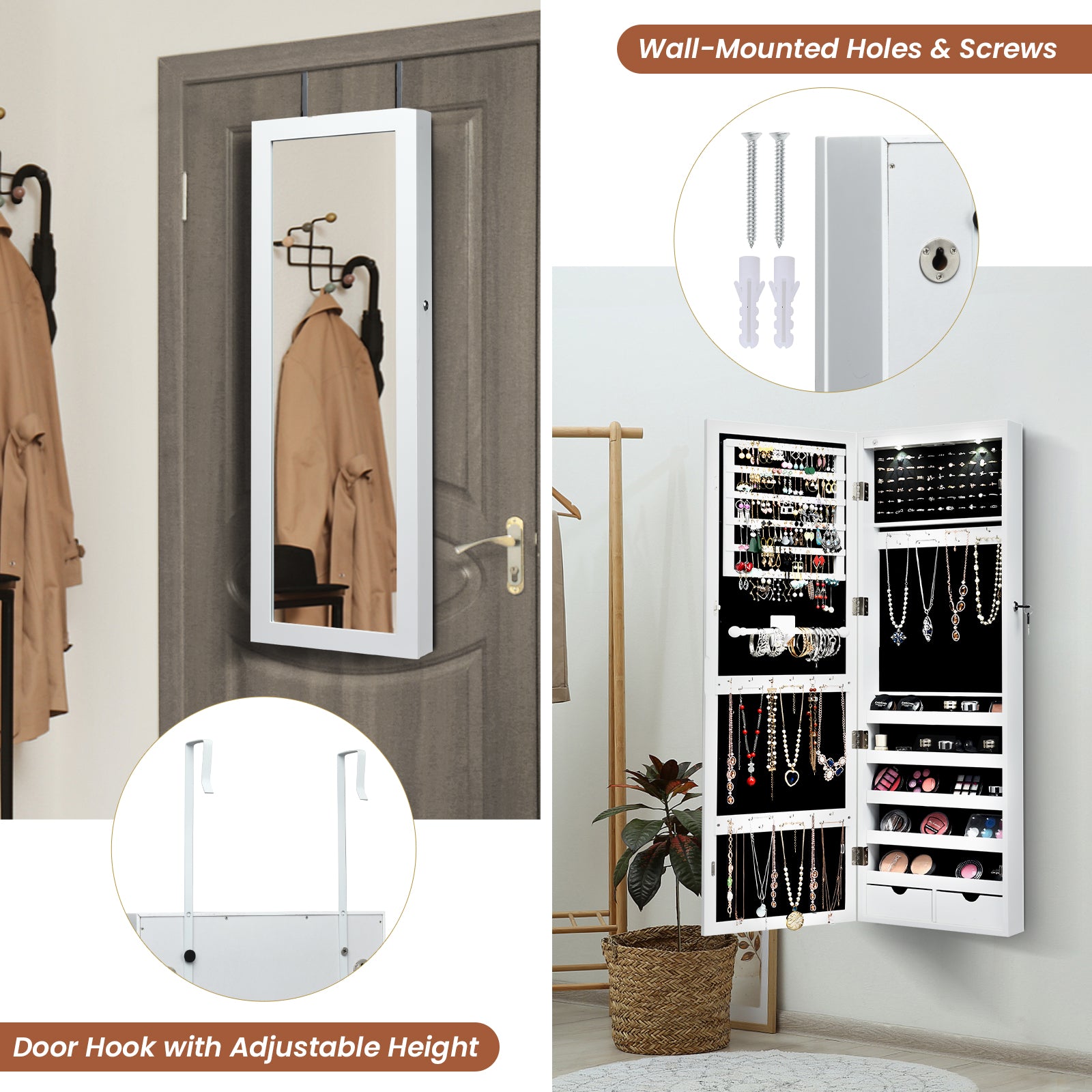 Lockable Wall Mount Mirrored Jewelry Cabinet with LED Lights-WhiteÂ 