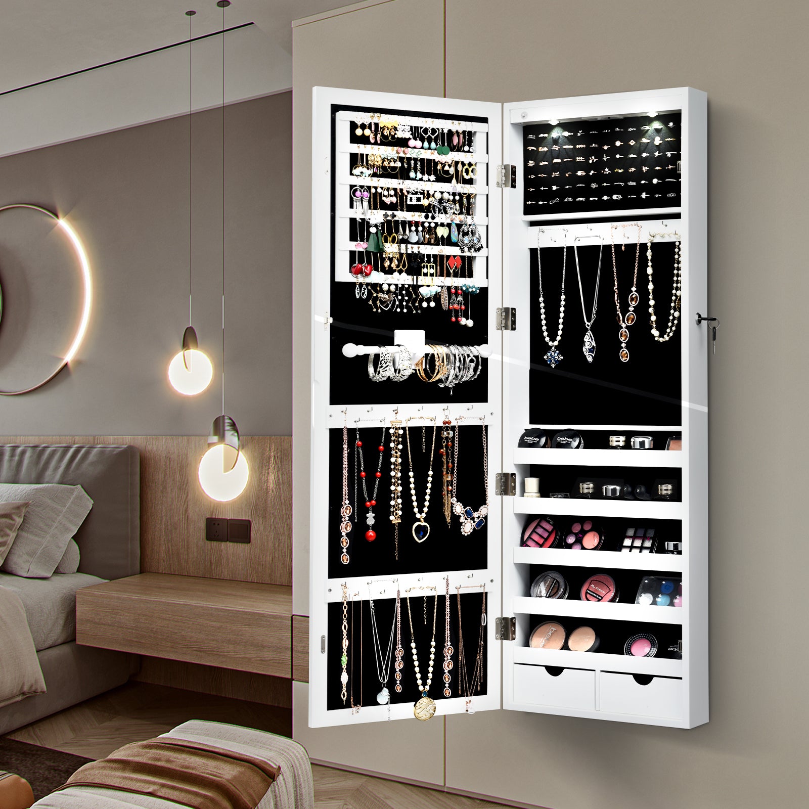 Lockable Wall Mount Mirrored Jewelry Cabinet with LED Lights-WhiteÂ 