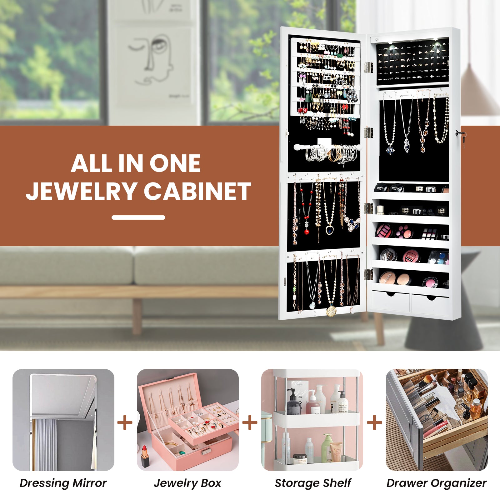 Lockable Wall Mount Mirrored Jewelry Cabinet with LED Lights-WhiteÂ 