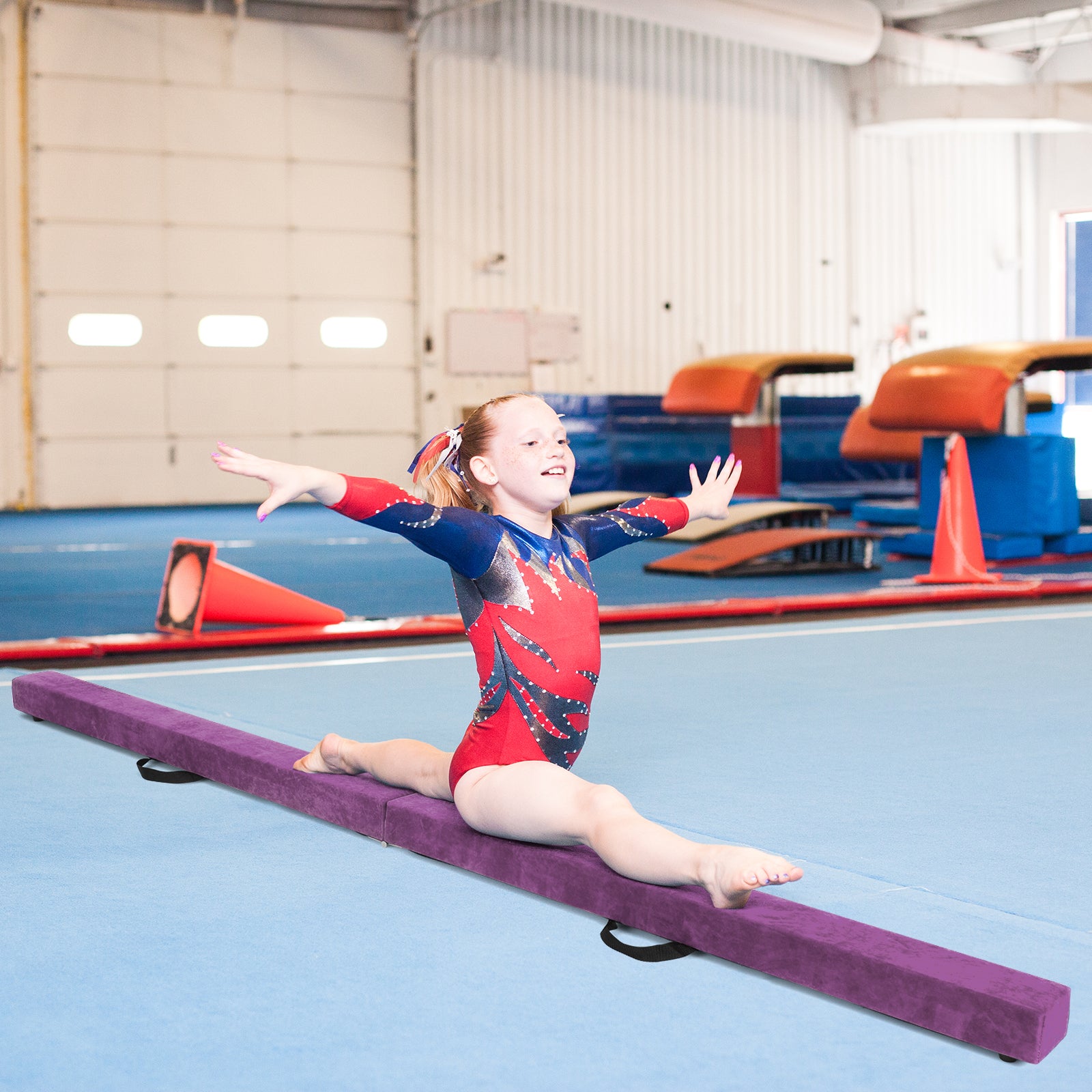 7 Feet Folding Portable Floor Balance Beam with Handles for Gymnasts-Purple 