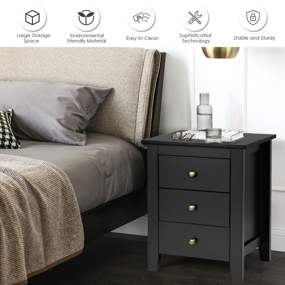 Nightstand End Beside Table Drawers Modern Storage Bedroom Furniture-Black