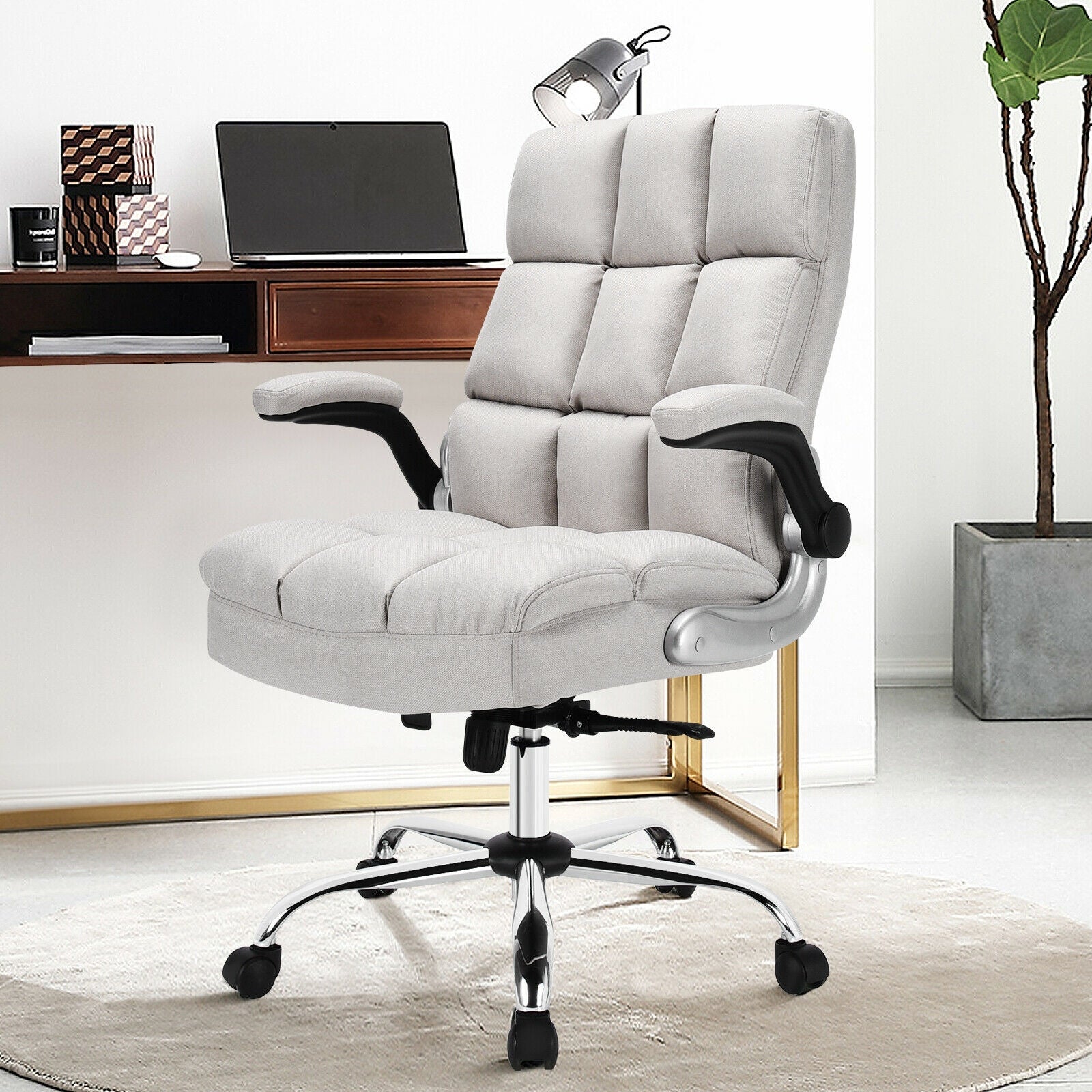 Adjustable Swivel Office Chair with High Back and Flip-up Arm for Home and Office-Beige