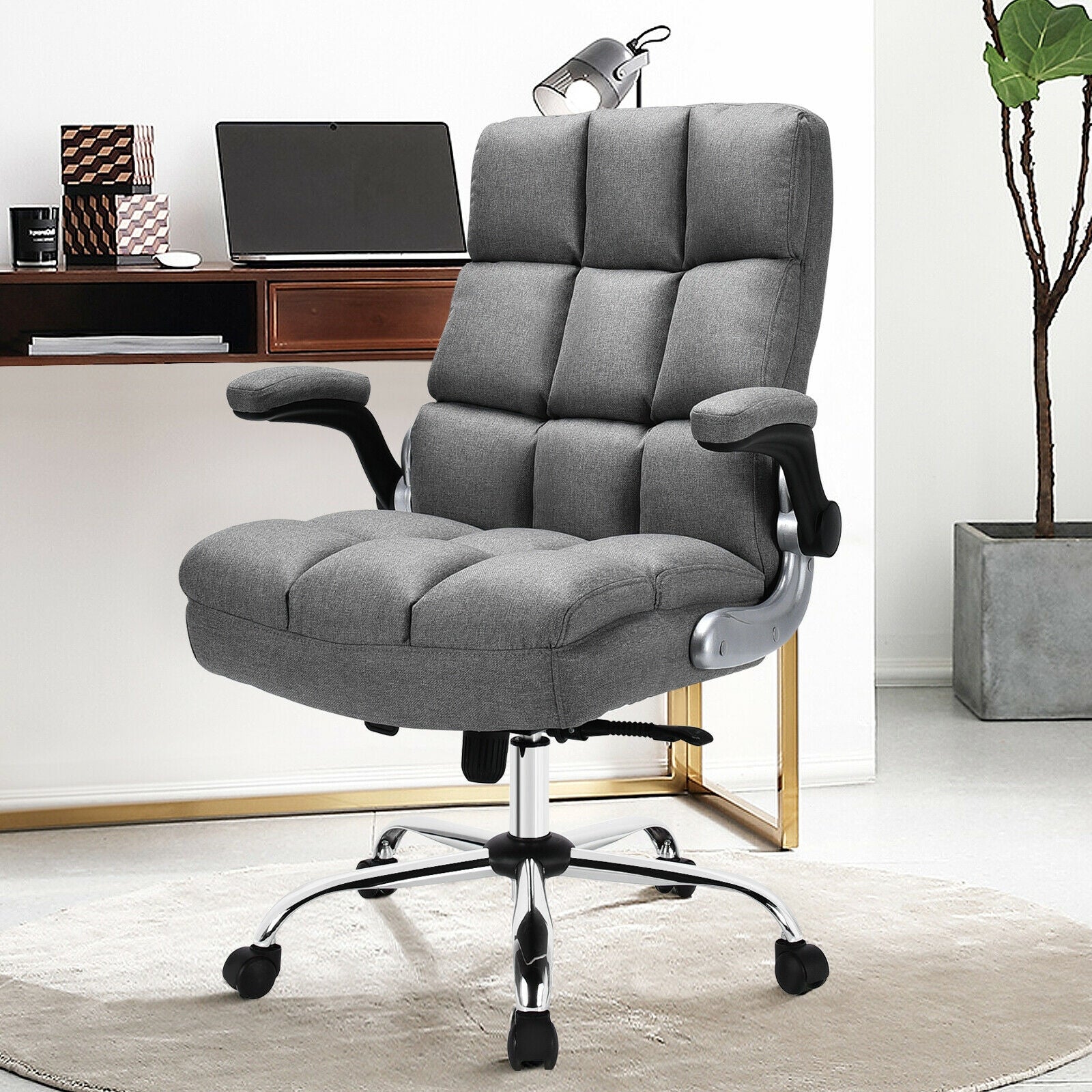 Adjustable Swivel Office Chair with High Back and Flip-up Arm for Home and Office-Gray